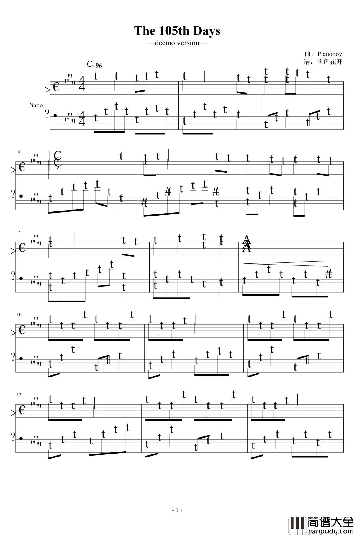 The_105th_Days钢琴谱_第105天_deemo短版_pianoboy