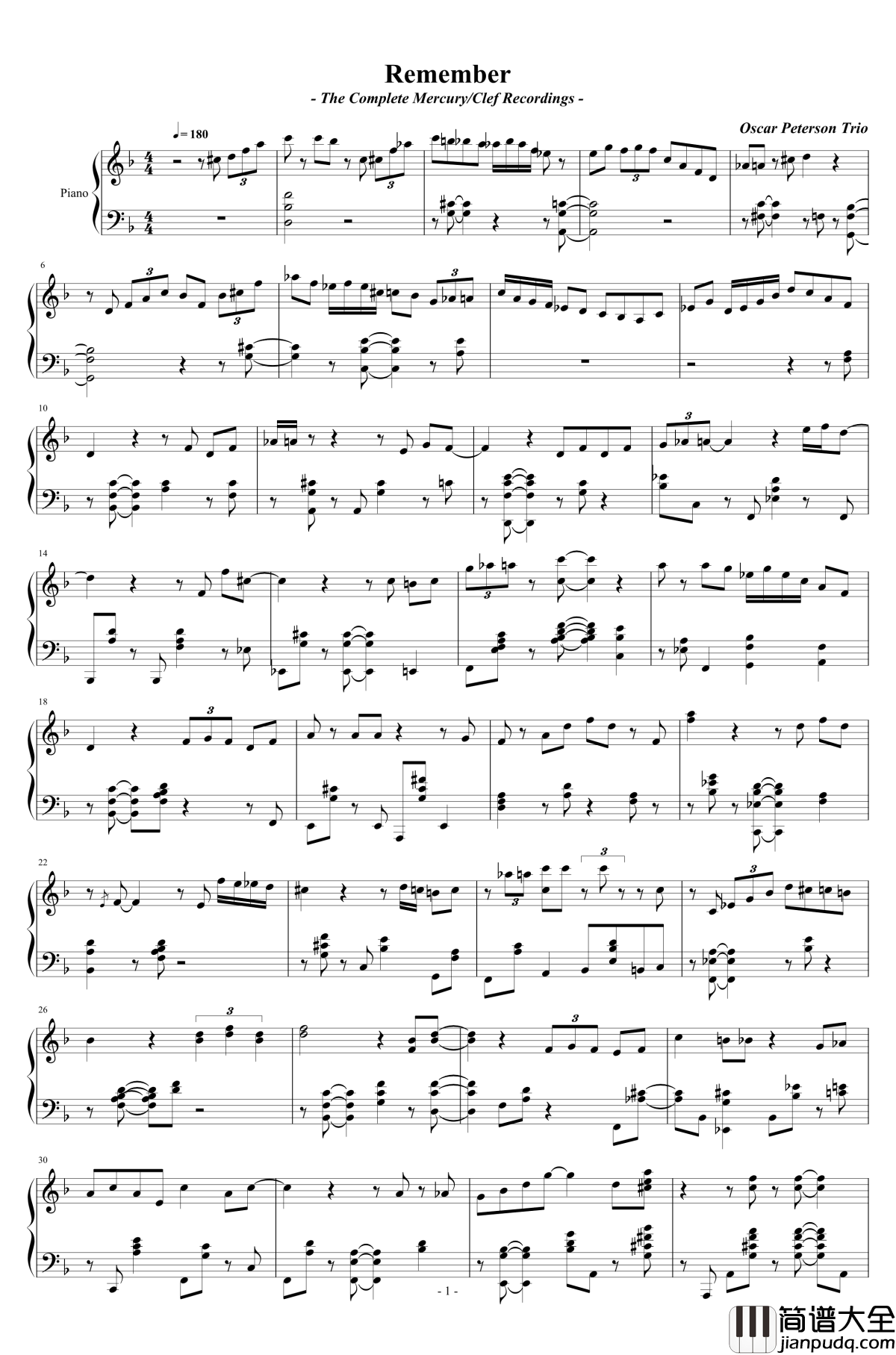 Remember钢琴谱_Oscar_Peterson