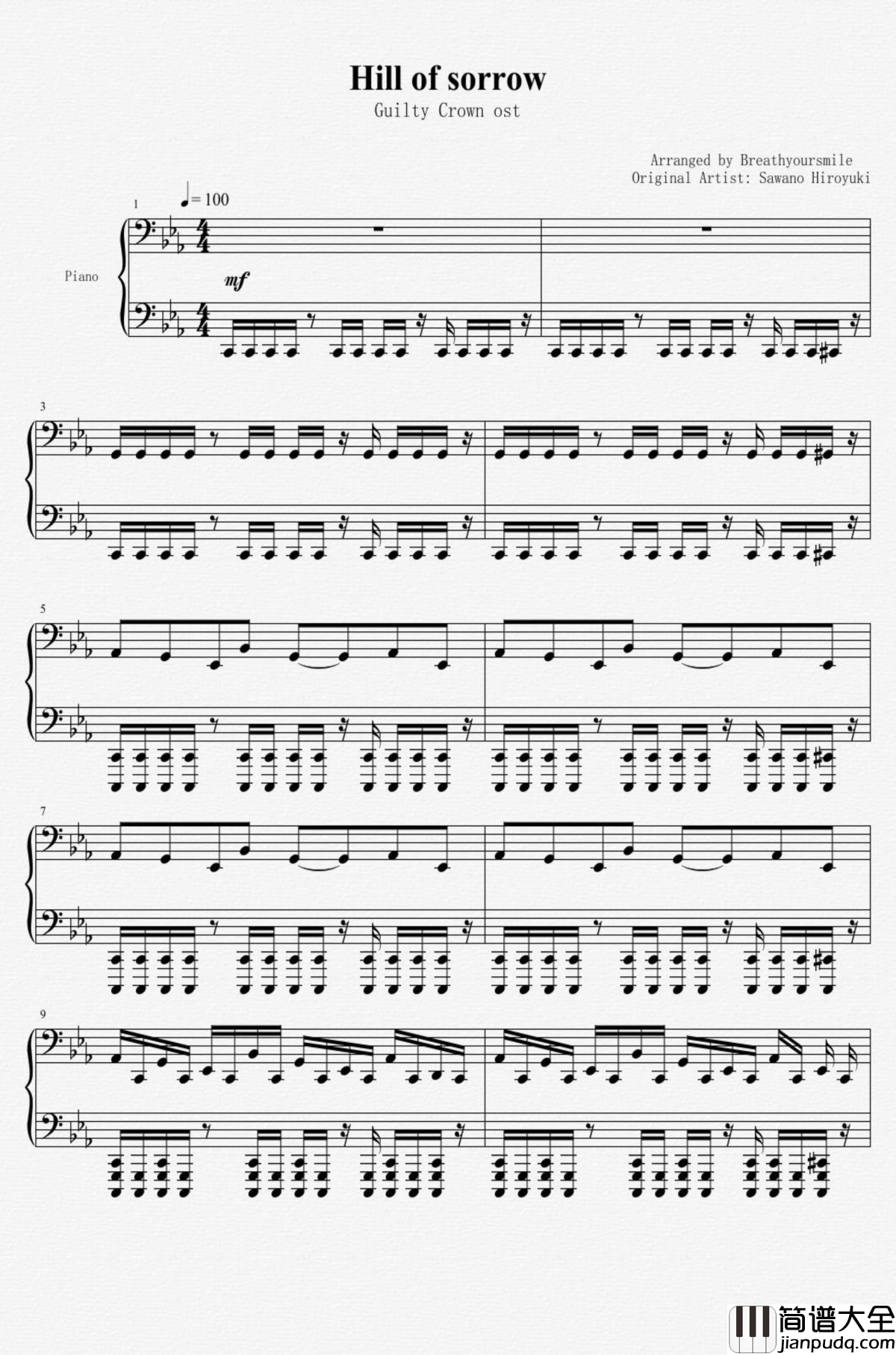 Hill_of_Sorrow钢琴谱_From_Guilty_Crown_罪恶王冠ost_泽野弘之