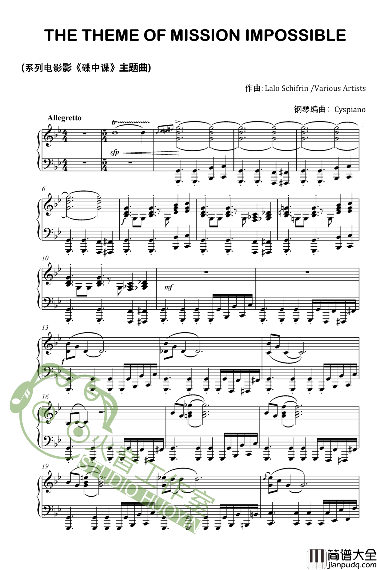 碟中谍6:全面瓦解钢琴谱_Lalo_Schifrin