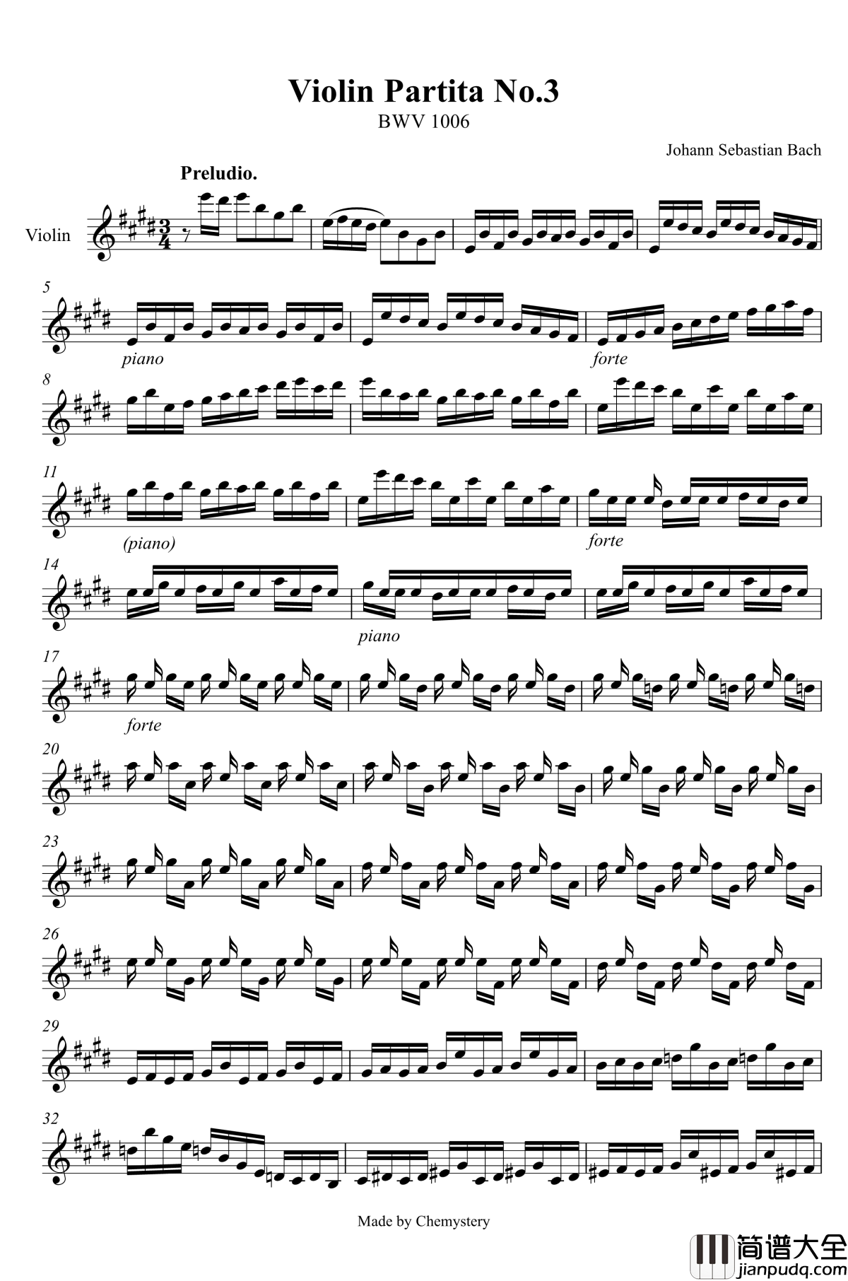 第3号无伴奏小提琴组曲钢琴谱_前奏曲_巴赫