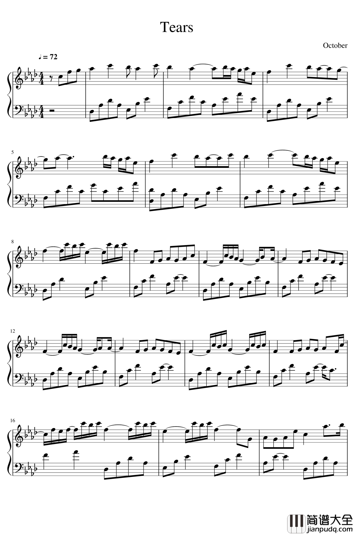 Tears钢琴谱_October