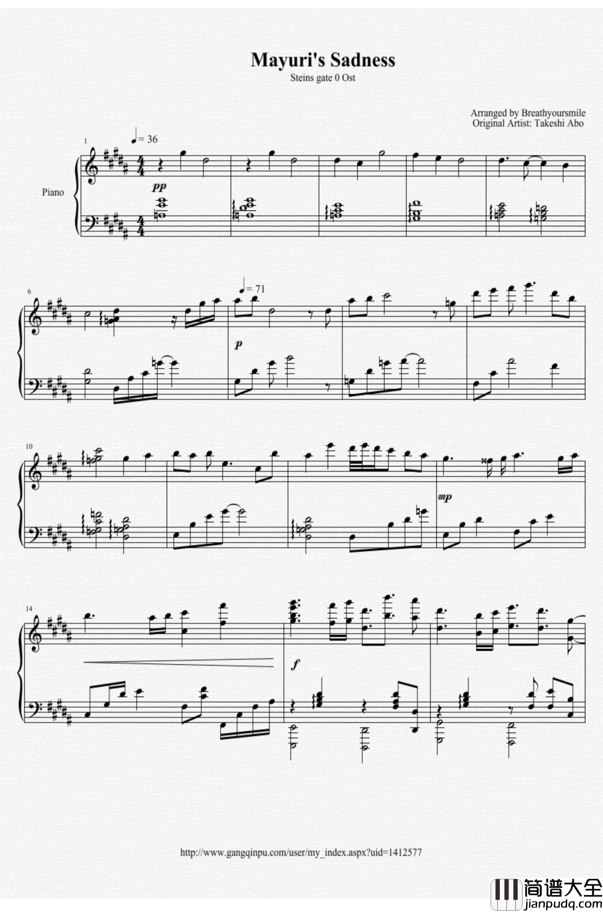 命运石之门0钢琴谱_ostまゆりの悲しみ_Mayuri’s_Sadness_阿保刚