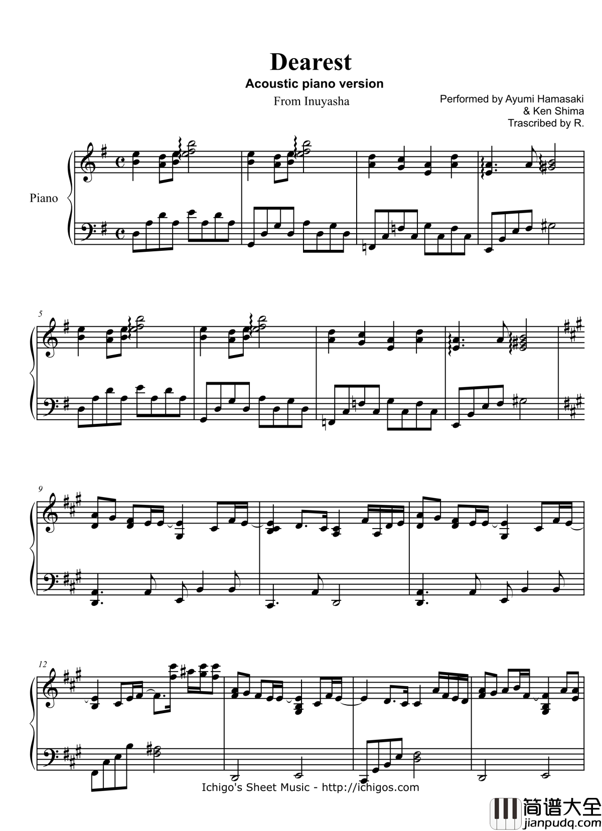 Dearest钢琴谱_犬夜叉ed_犬夜叉