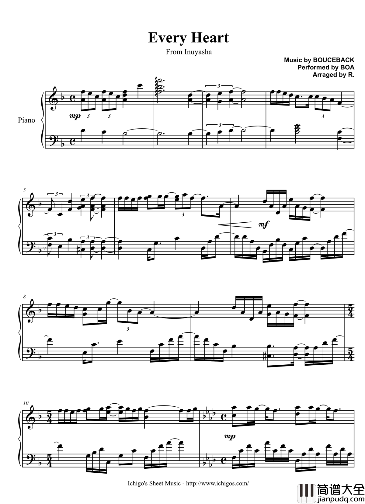 every_heart钢琴谱_犬夜叉ed_犬夜叉