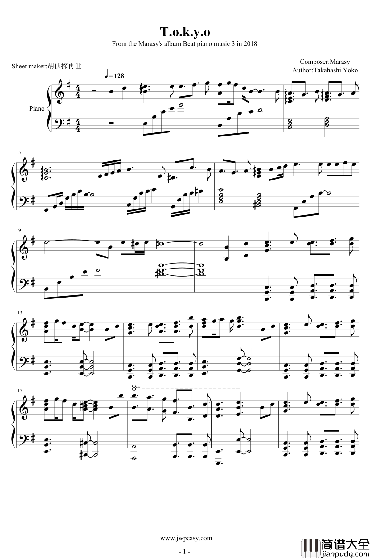 T.o.k.y.o钢琴谱_触手猴