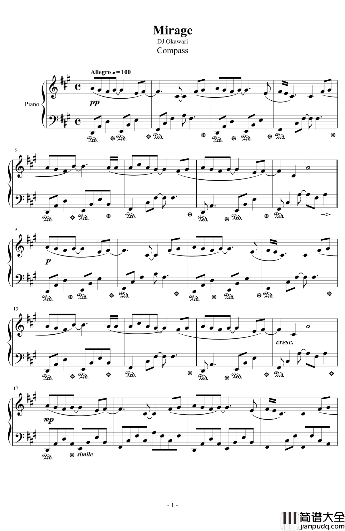 Mirage钢琴谱_DJ_Okawari