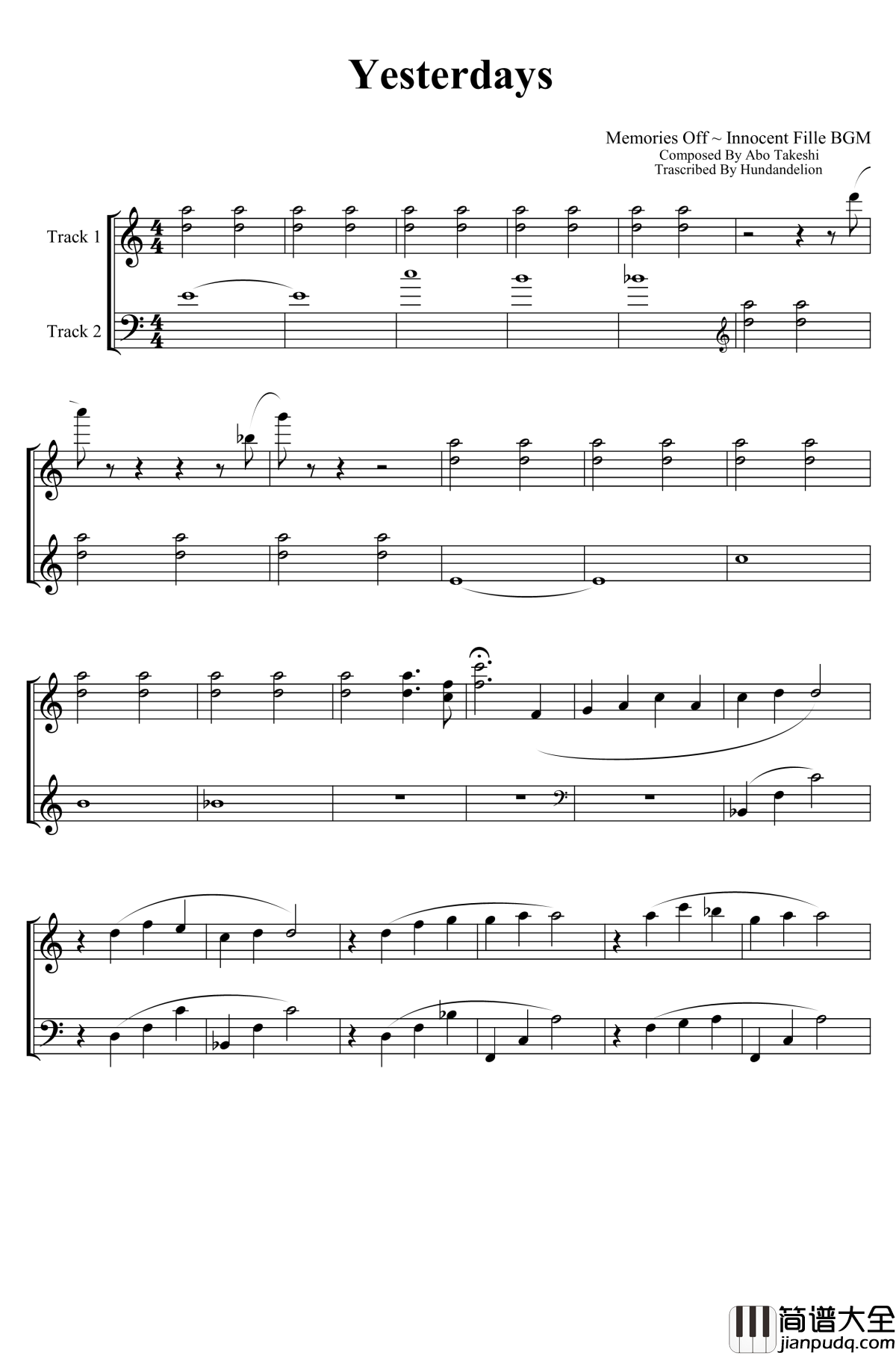Yesterdays钢琴谱_告别回忆~无垢少女BGM_阿保刚