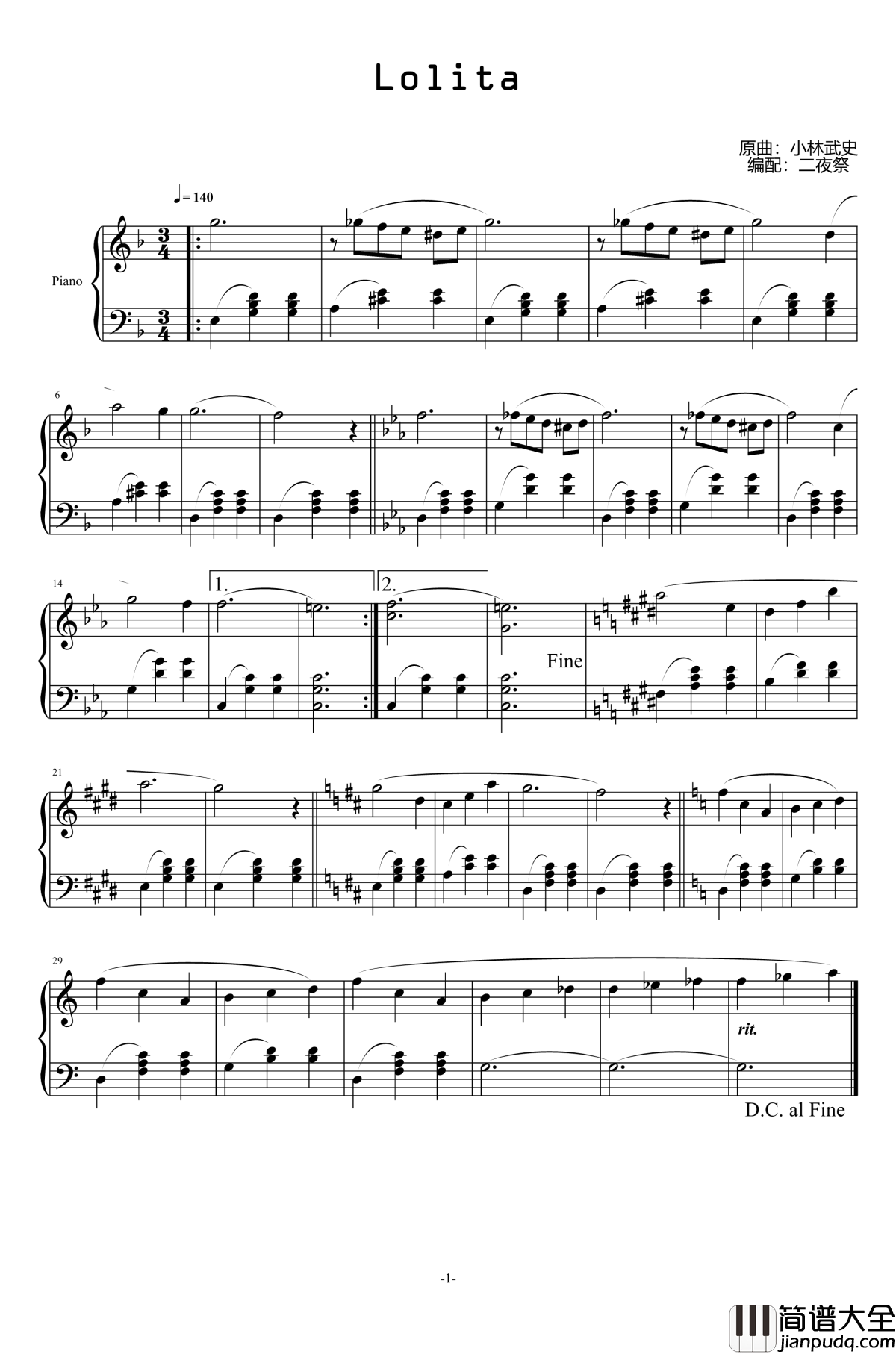Lolita钢琴谱_燕尾蝶_小林武史