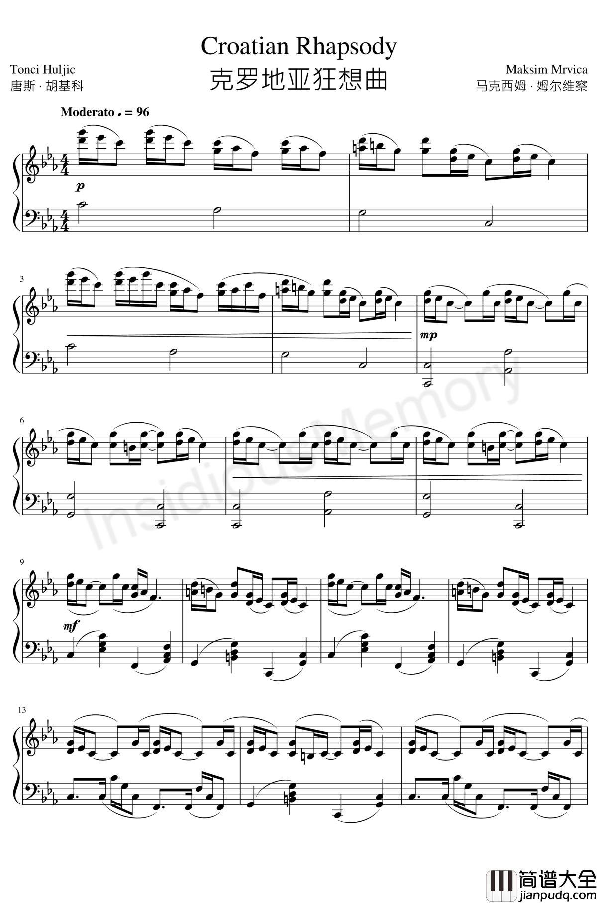 克罗地亚狂想曲钢琴谱_马克西姆_Maksim·Mrvica