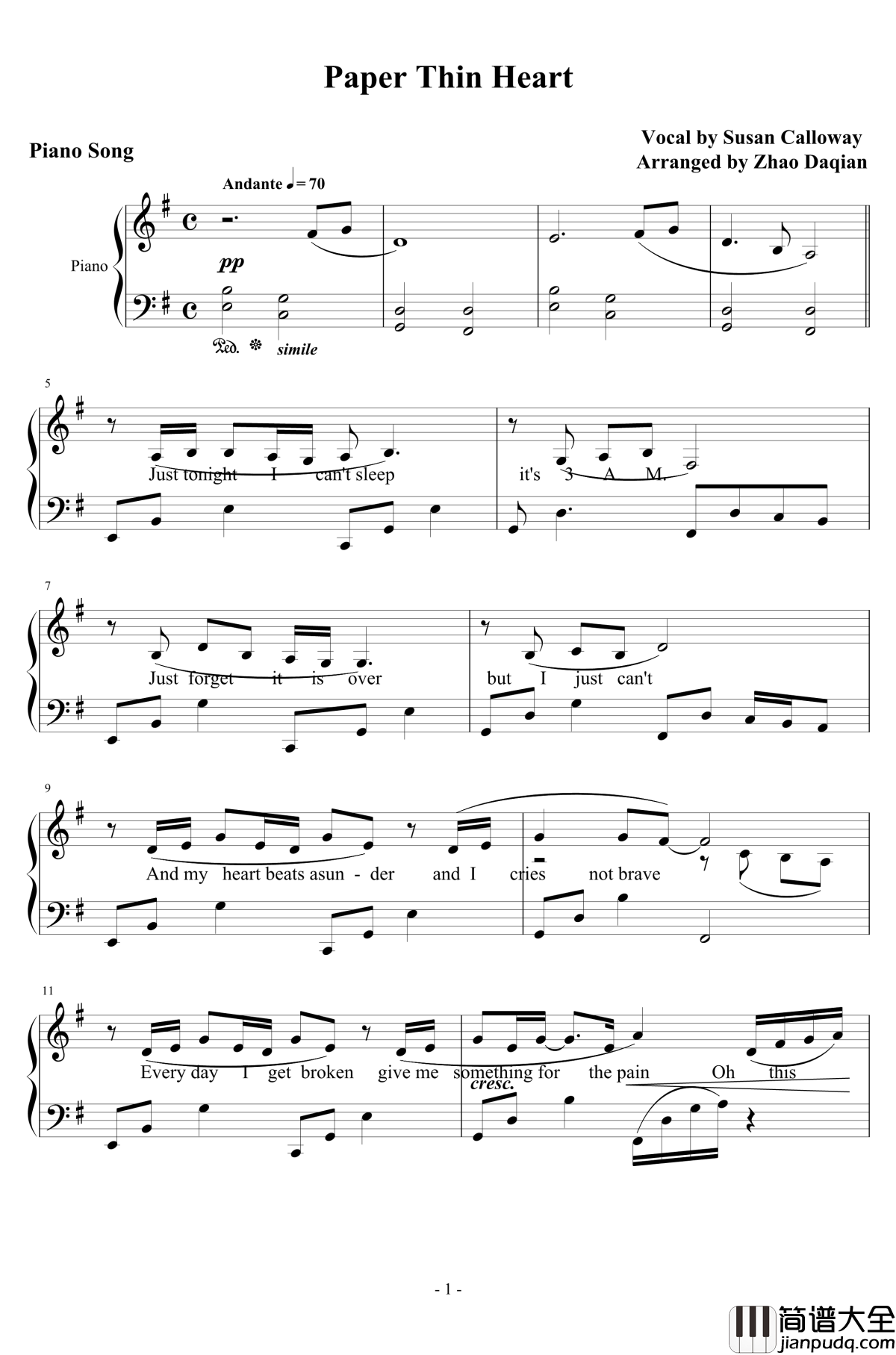 _Paper_Thin_Heart钢琴谱_Susan_Calloway