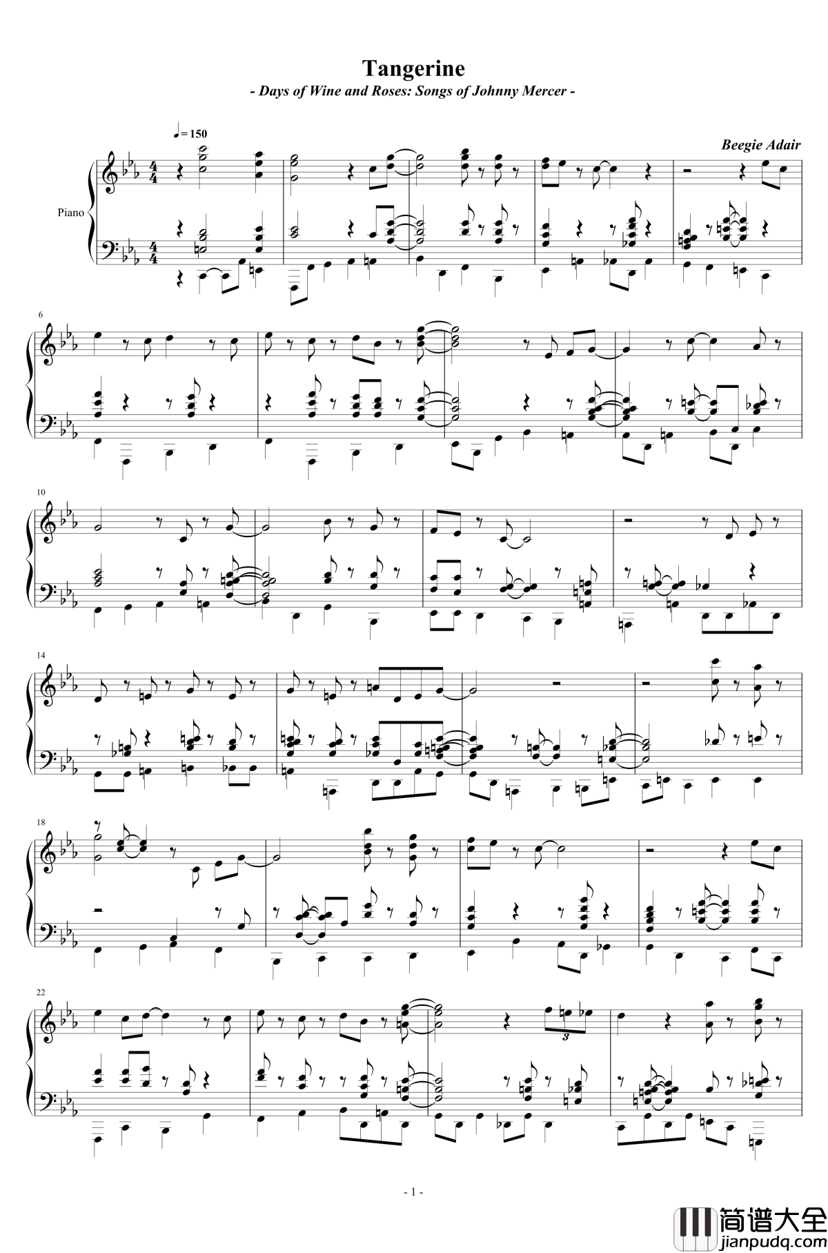 tangerine钢琴谱_Beegie_Adair