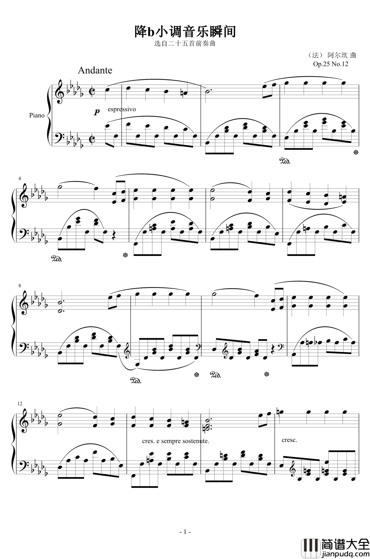 降b小调音乐瞬间钢琴谱_Op.31_No.12_阿尔坎