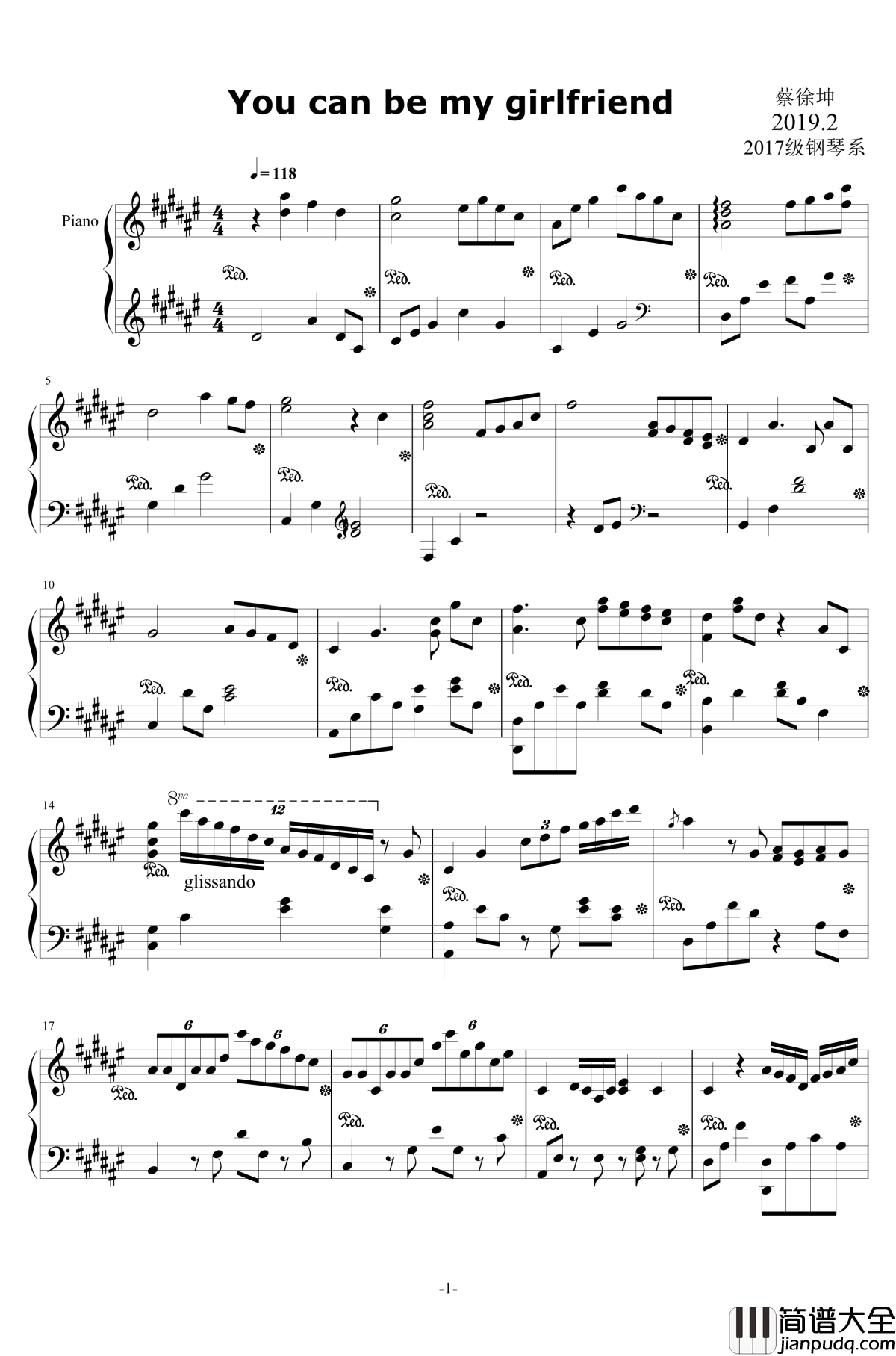 You_can_be_my_girlfriend钢琴谱_蔡徐坤