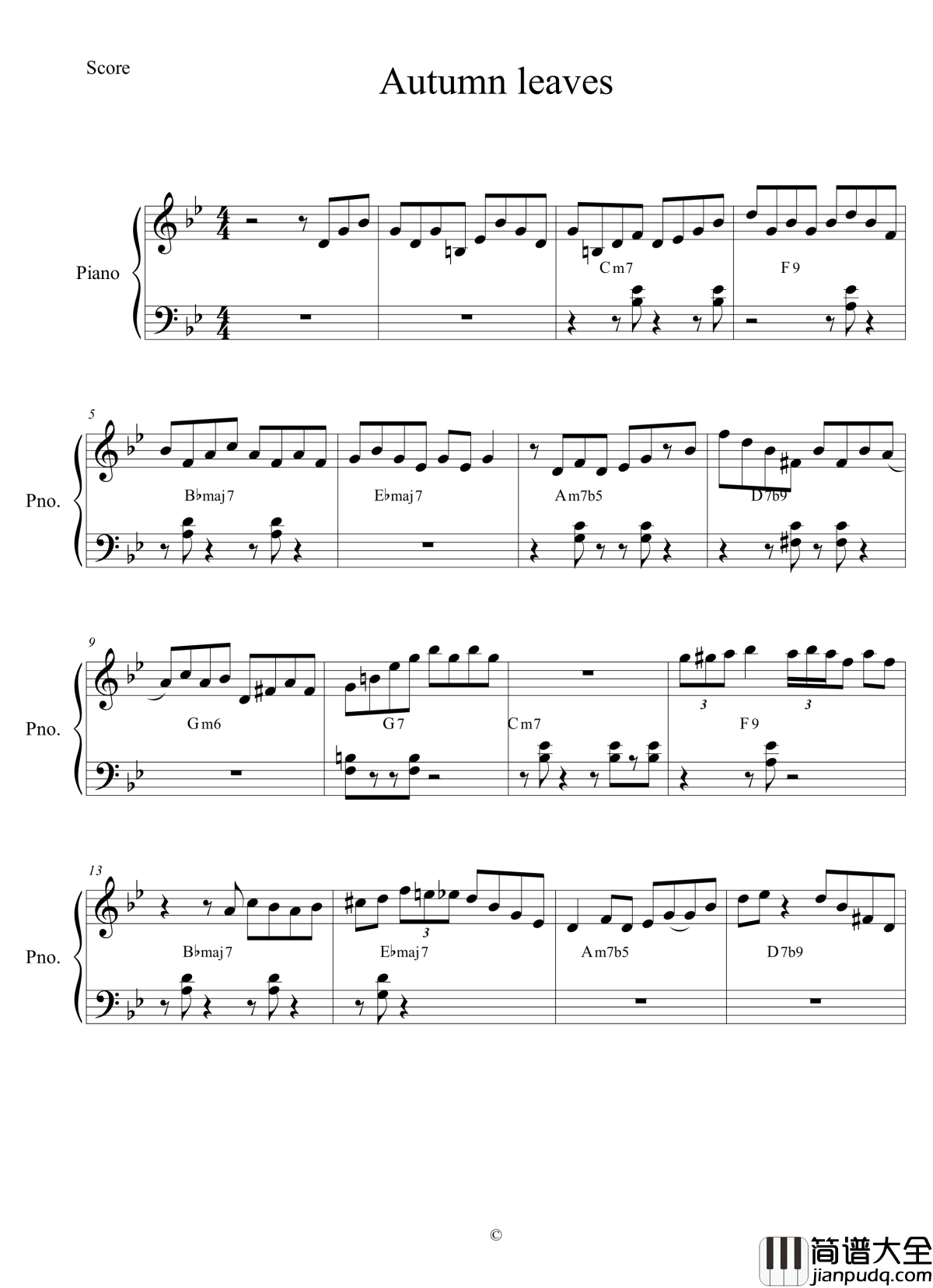 autumn_leaves钢琴谱_solo_Bill_evans