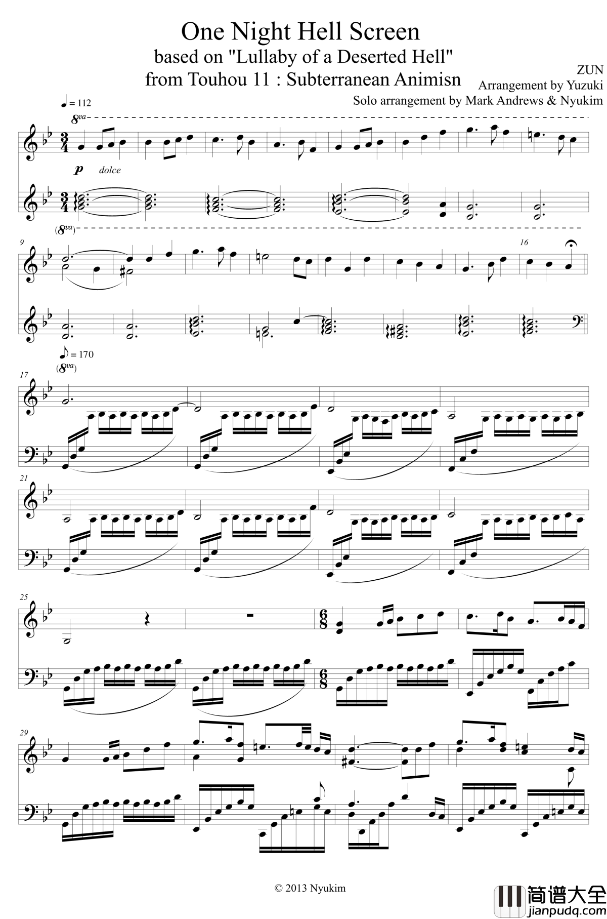 One_Night_Hell_Screen钢琴谱_东方曲再编_东方project