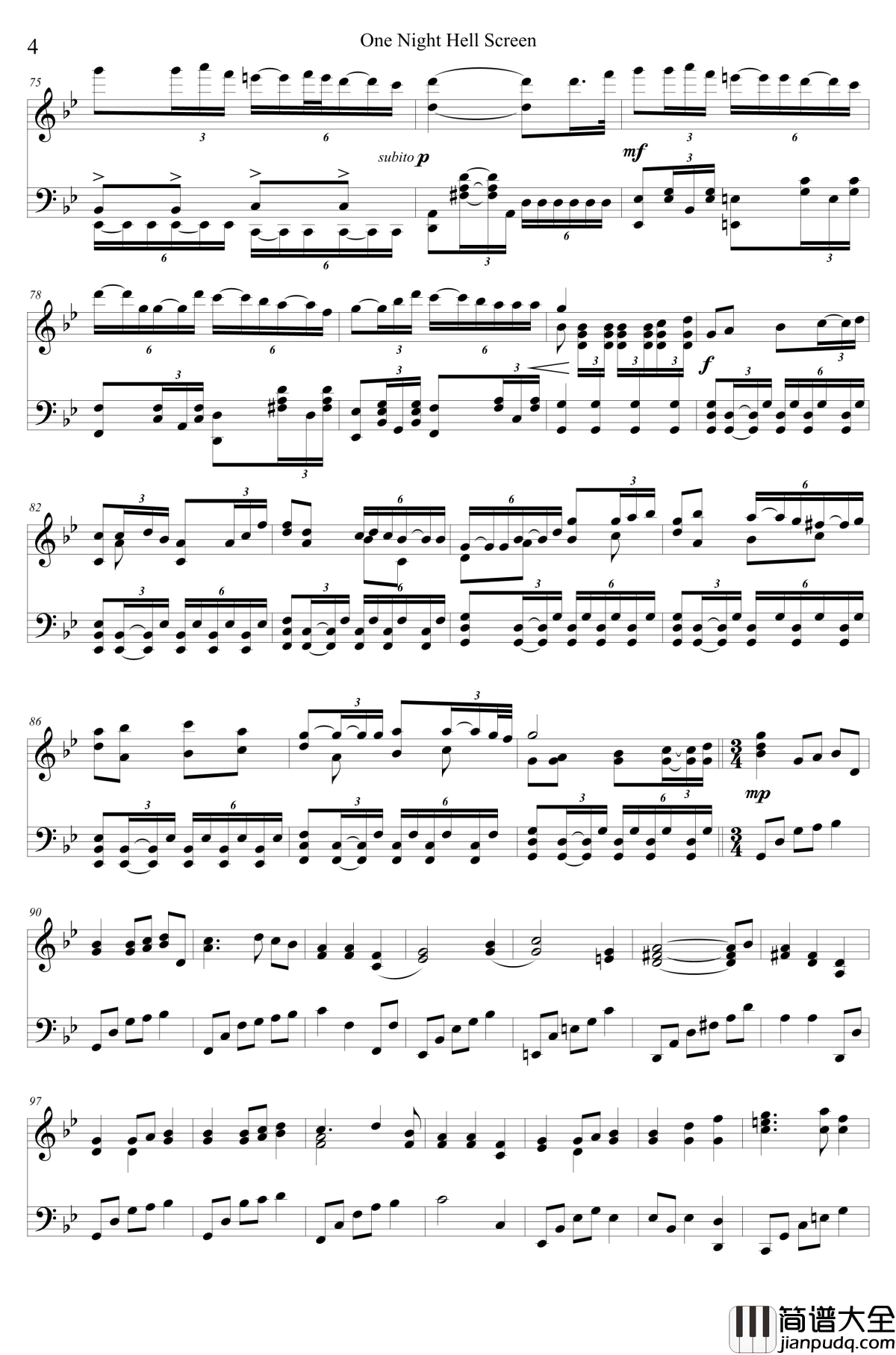 One_Night_Hell_Screen钢琴谱_东方曲再编_东方project