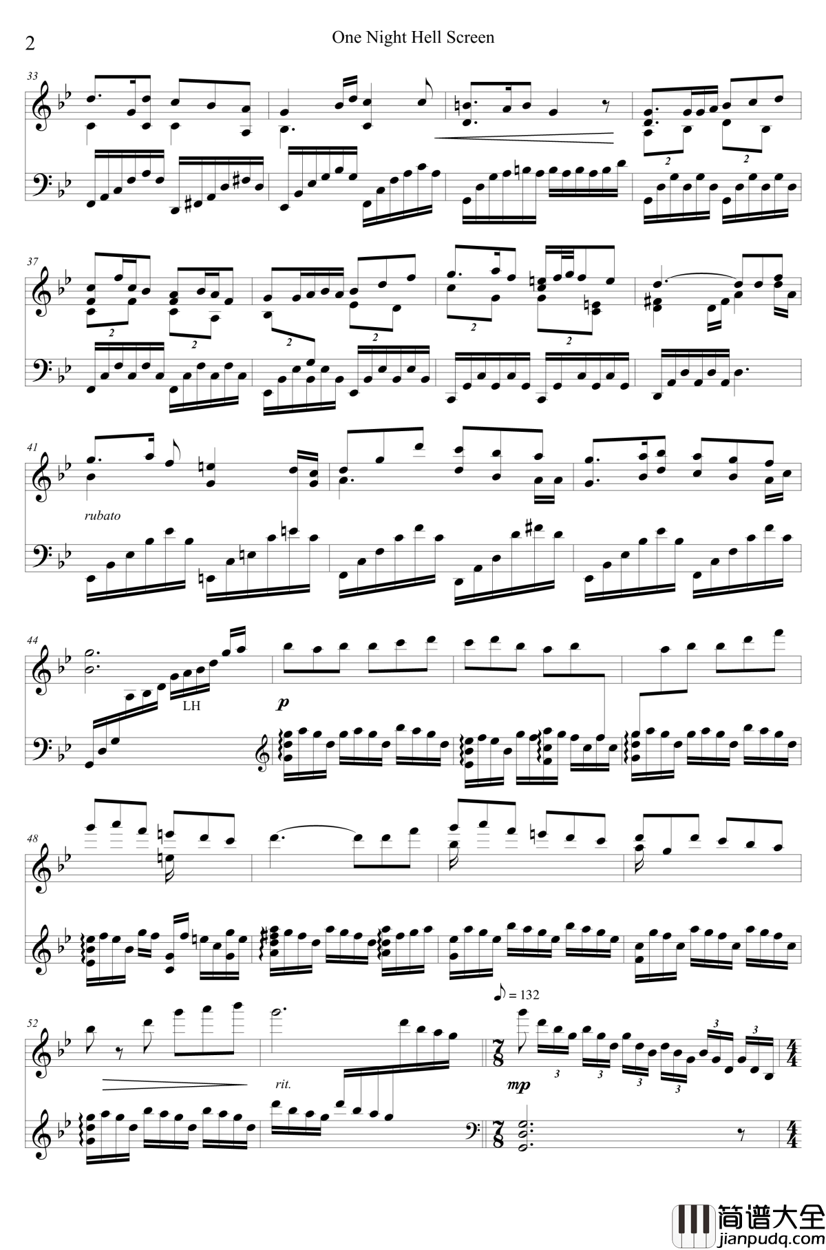 One_Night_Hell_Screen钢琴谱_东方曲再编_东方project