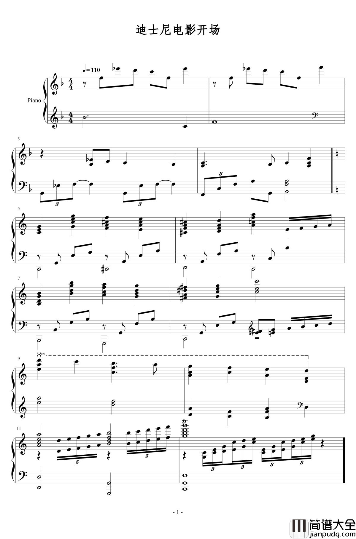迪士尼电影开场钢琴_谱迪士尼