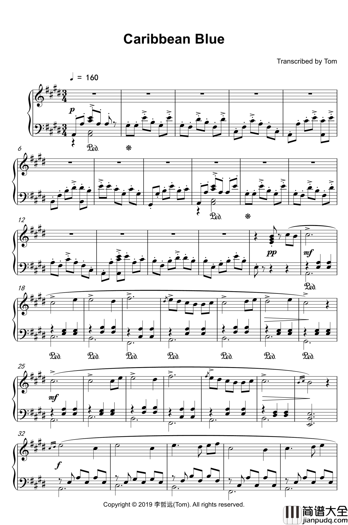 Caribbean_Blue钢琴谱_加勒比蓝海_Bandari