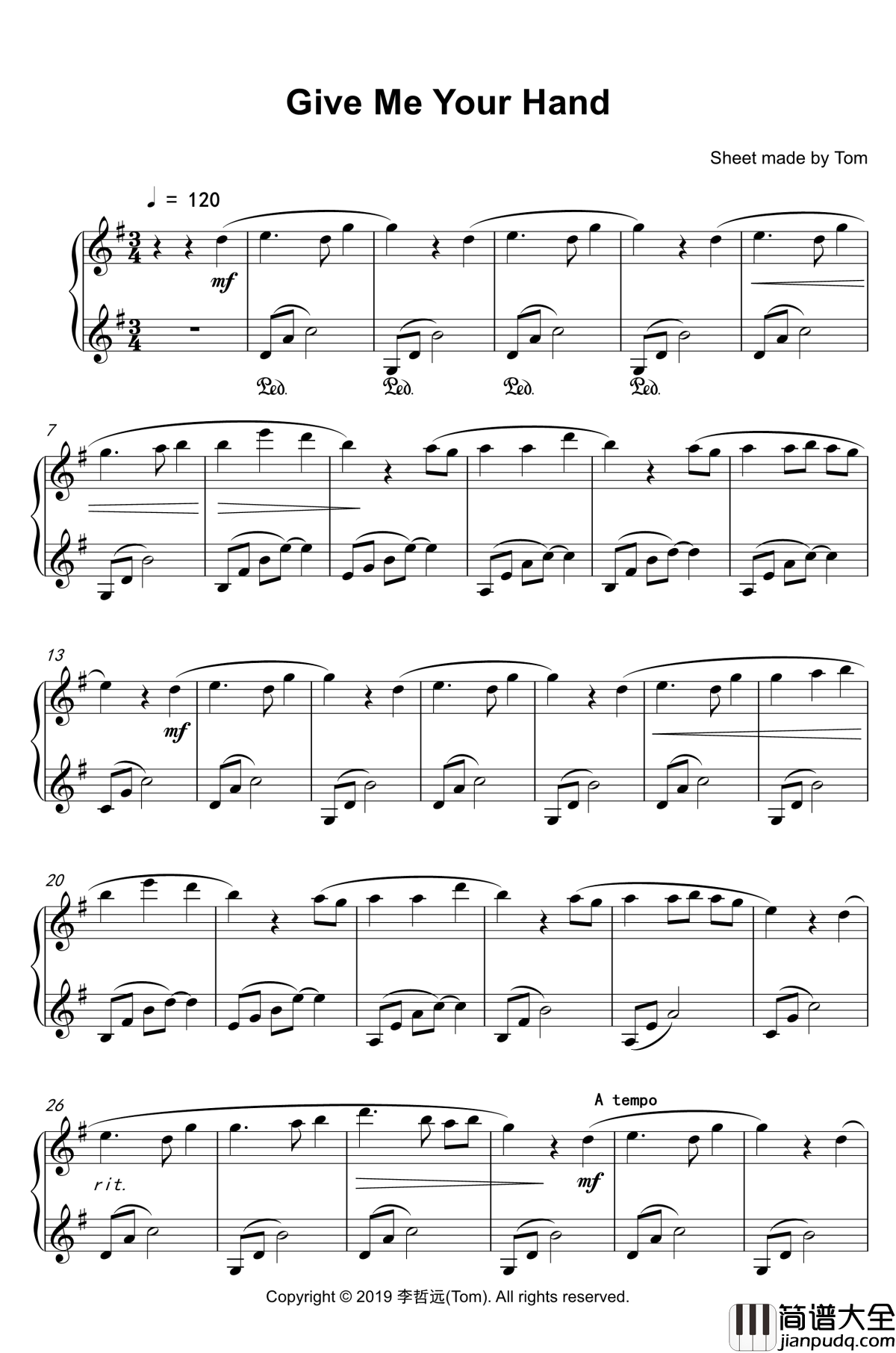 执子之手钢琴谱_Give_Me_Your_Hand_Bandari