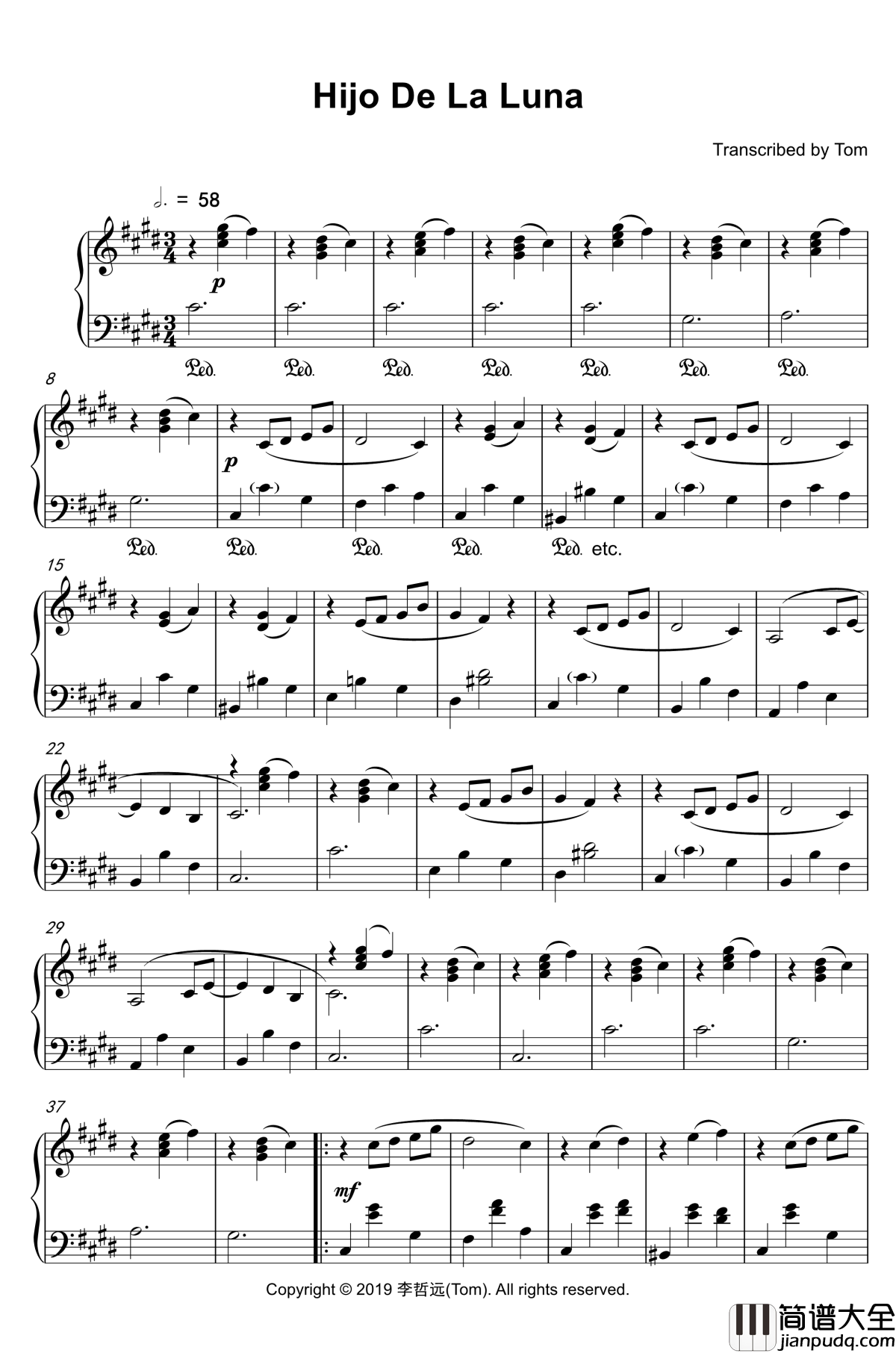 月亮之子钢琴谱_Hijo_De_La_Luna_Bandari