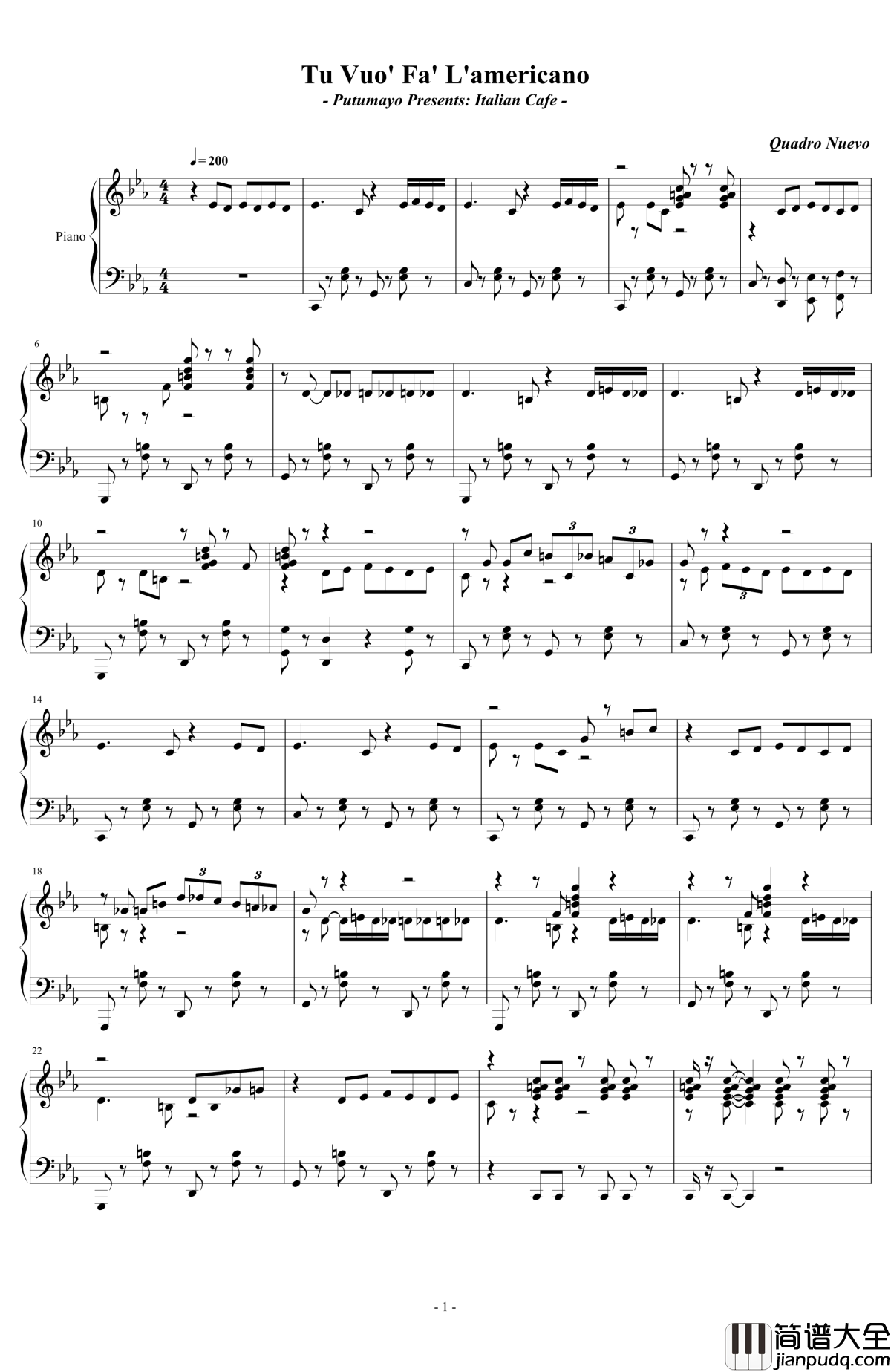 Tu_vuo'_fa'_l'americano钢琴谱_Quadro_Nuevo