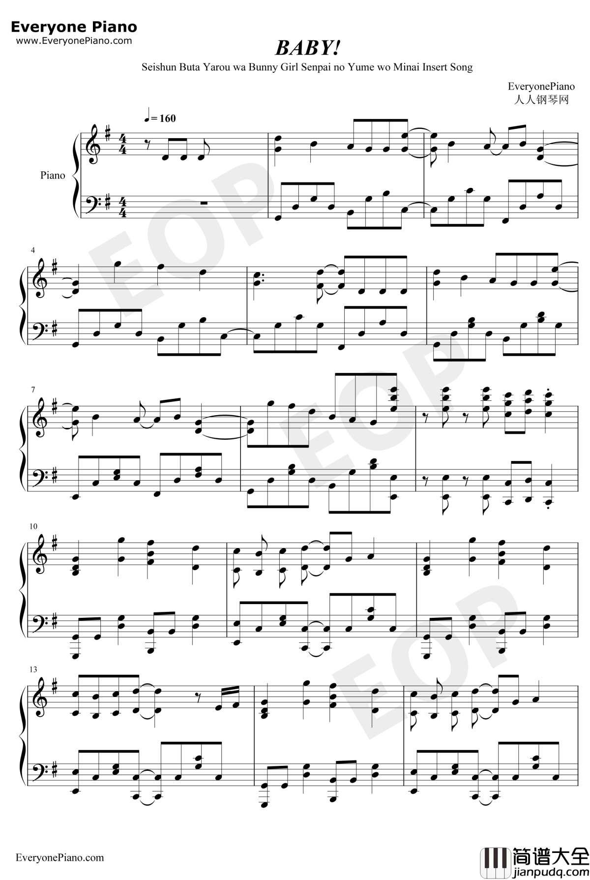 BABY钢琴谱_甜蜜子弹_青春猪头少年不会梦到兔女郎学姐OST