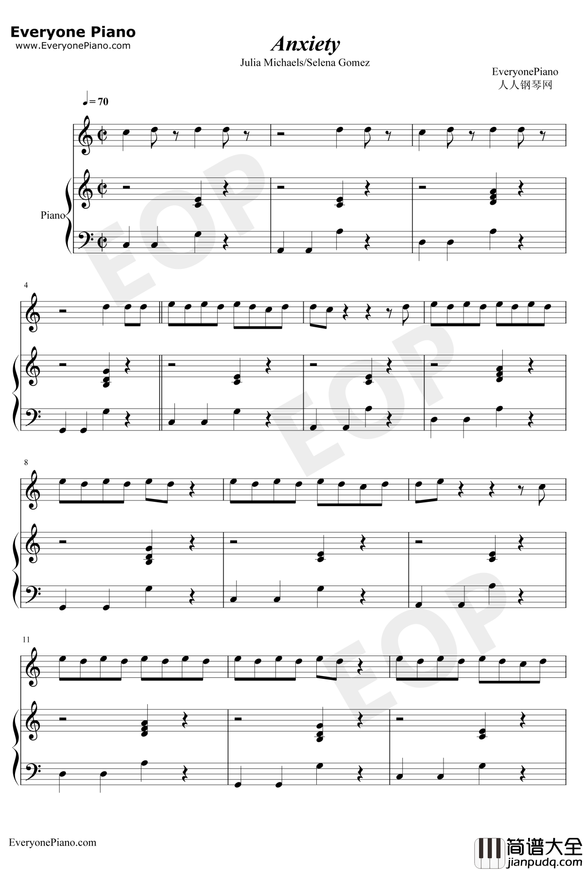 Anxiety钢琴谱_Julia_Michaels/Selena_Gomez