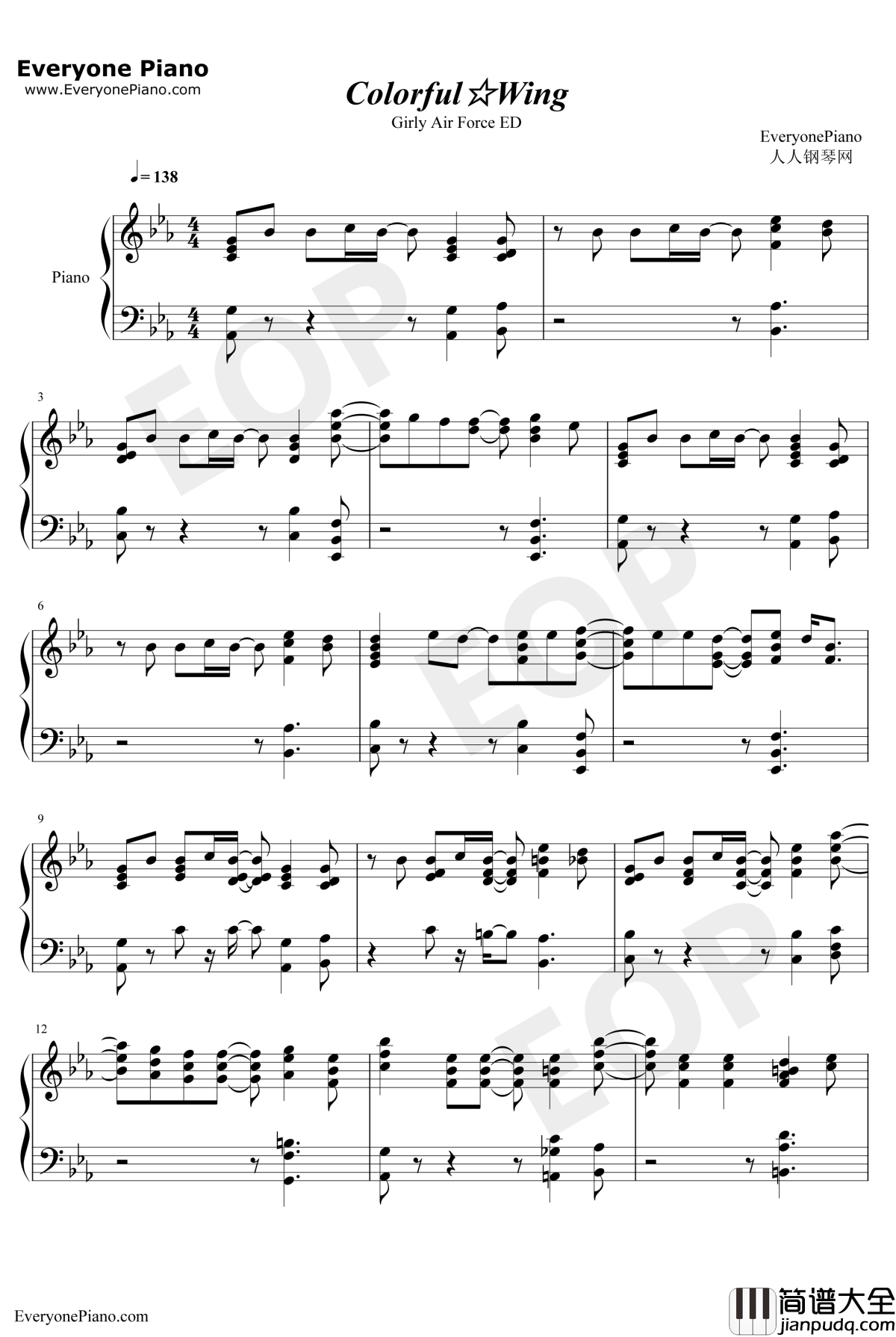 Colorful_Wing钢琴谱_森嶋优花/大和田仁美/井泽诗织_飞翔吧战机少女ED