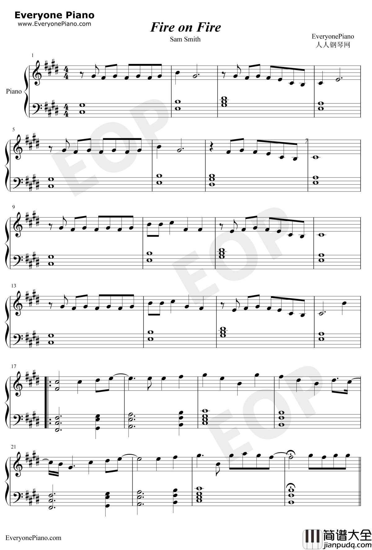 Fire_on_Fire钢琴谱_SamSmith_兔子共和国主题曲