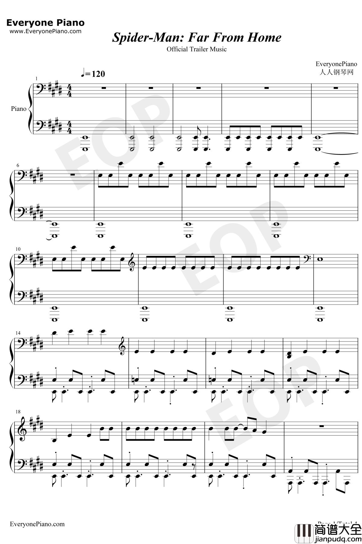 蜘蛛侠英雄远征官方预告片音乐钢琴谱_MichaelGiacchino