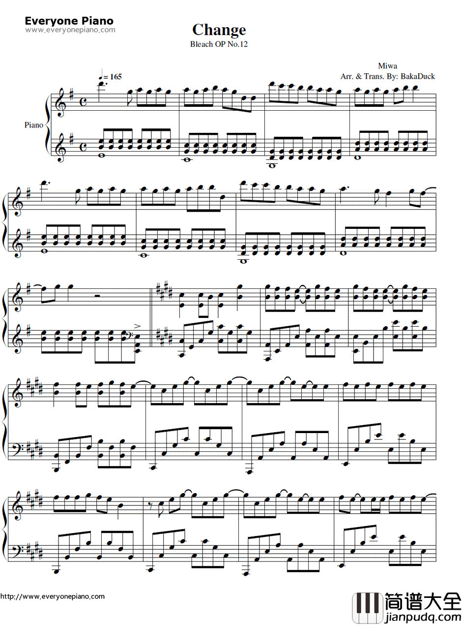 chAngE钢琴谱_miwa__死神_OP12