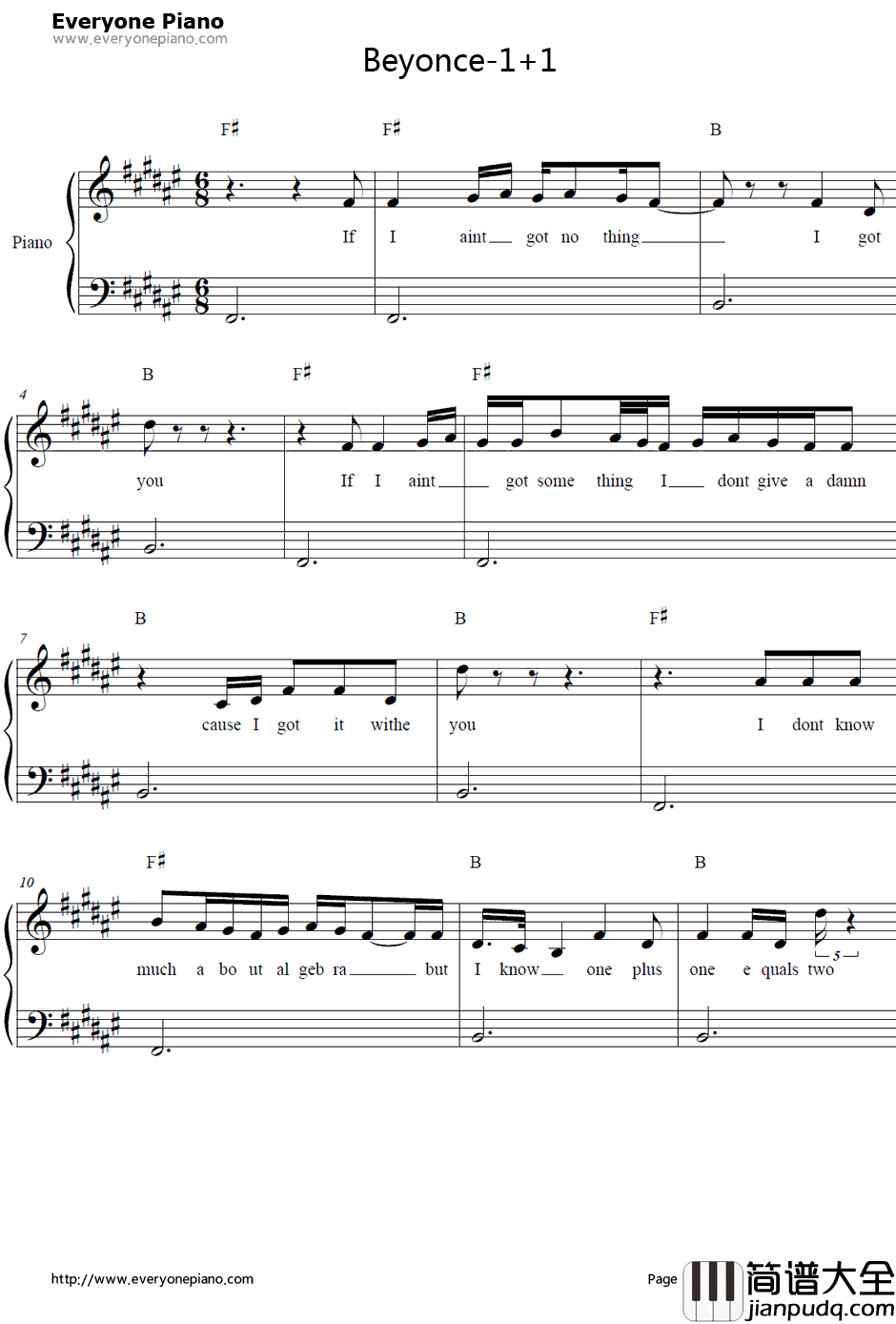 1加1钢琴谱_Beyonce