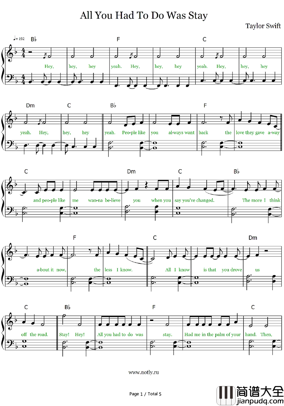 All_You_Had_to_Do_Was_Stay钢琴谱_Taylor_Swift