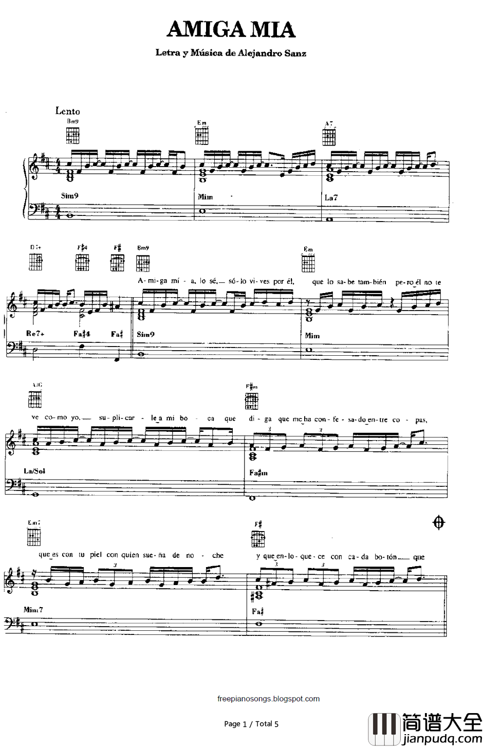 Amiga_Mia钢琴谱_Alejandro_Sanz