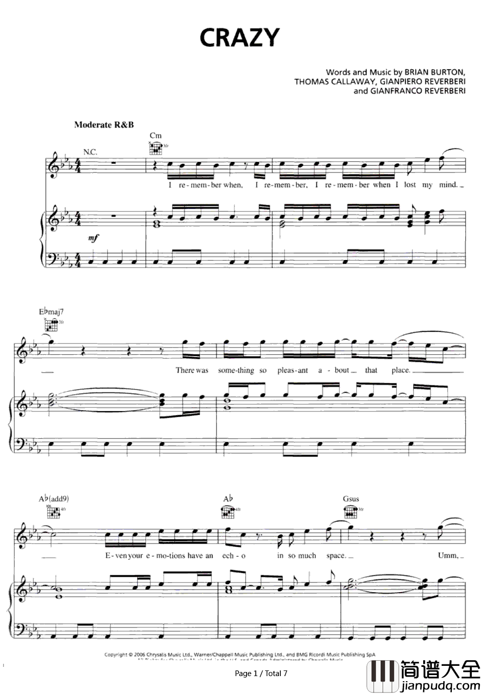 Crazy钢琴谱_Gnarls_Barkley