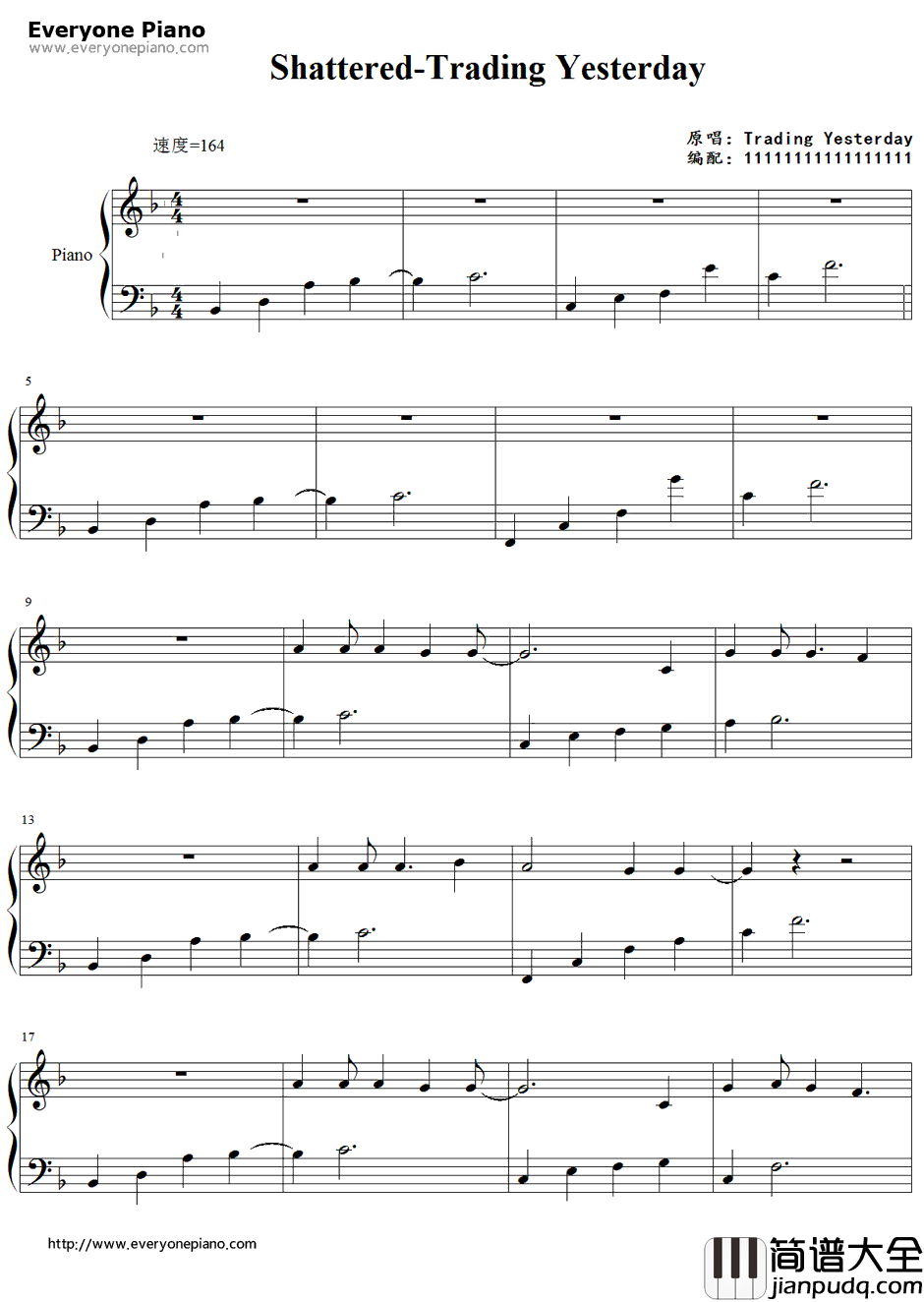 Shattered钢琴谱_Trading_Yesterday