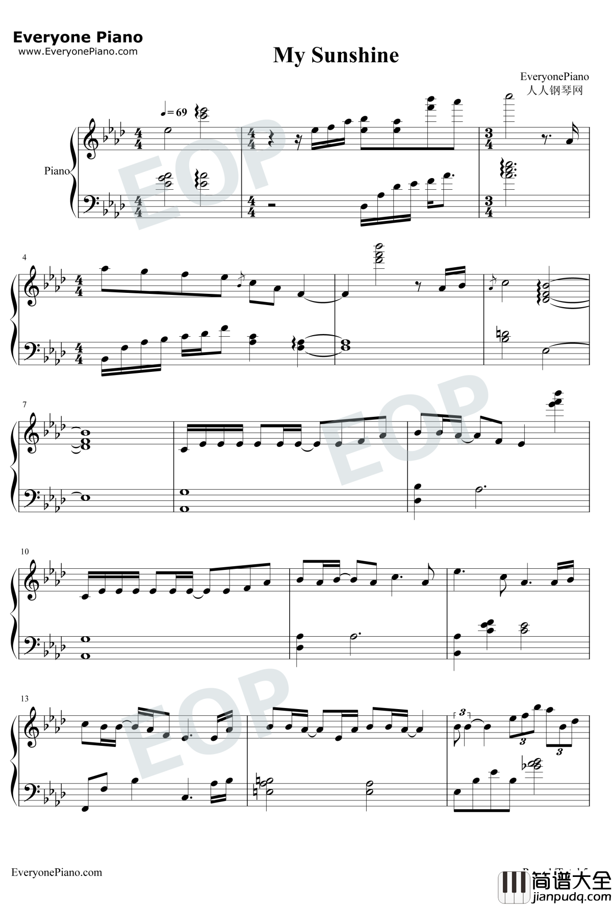 My_Sunshine钢琴谱_张杰_何以笙箫默主题曲