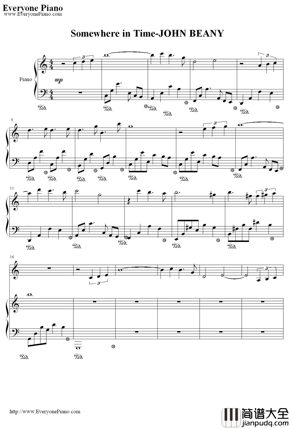 时光倒流钢琴谱_JOHNBEANY