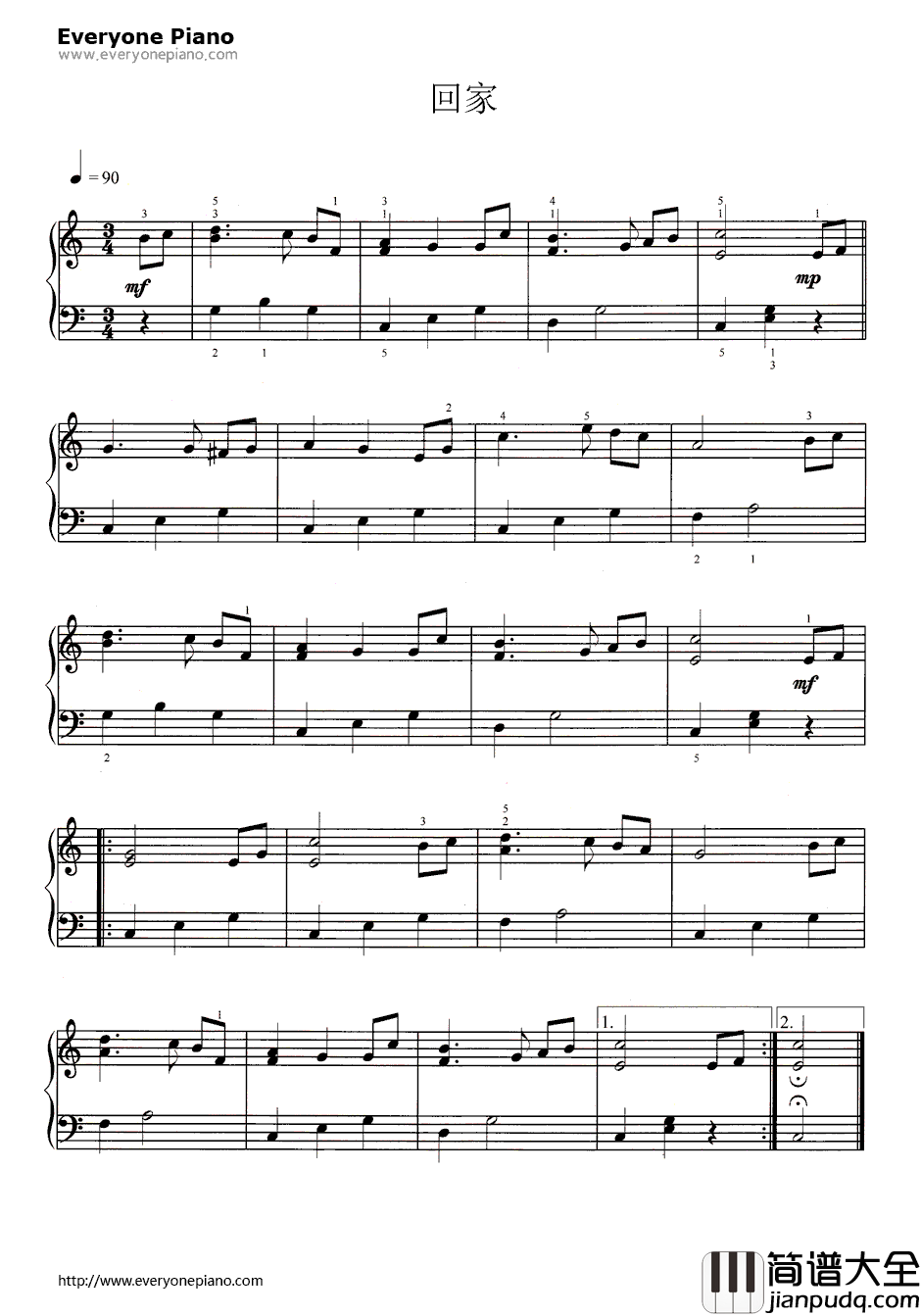回家钢琴谱_未知