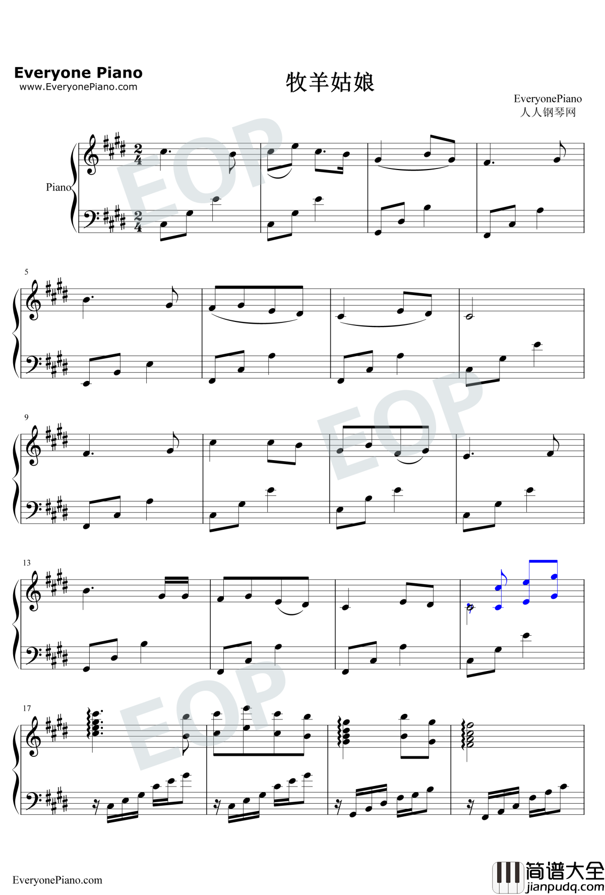 牧羊姑娘钢琴谱_金砂