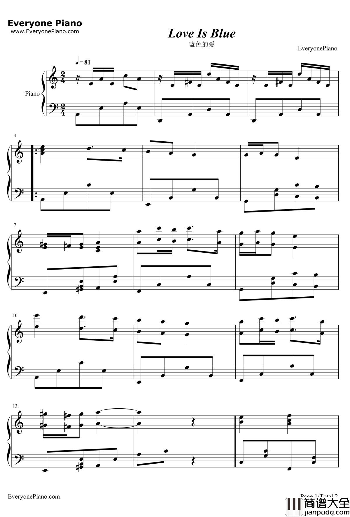 蓝色的爱(LOVE_IS_BLUE)钢琴谱_理查德·克莱德曼