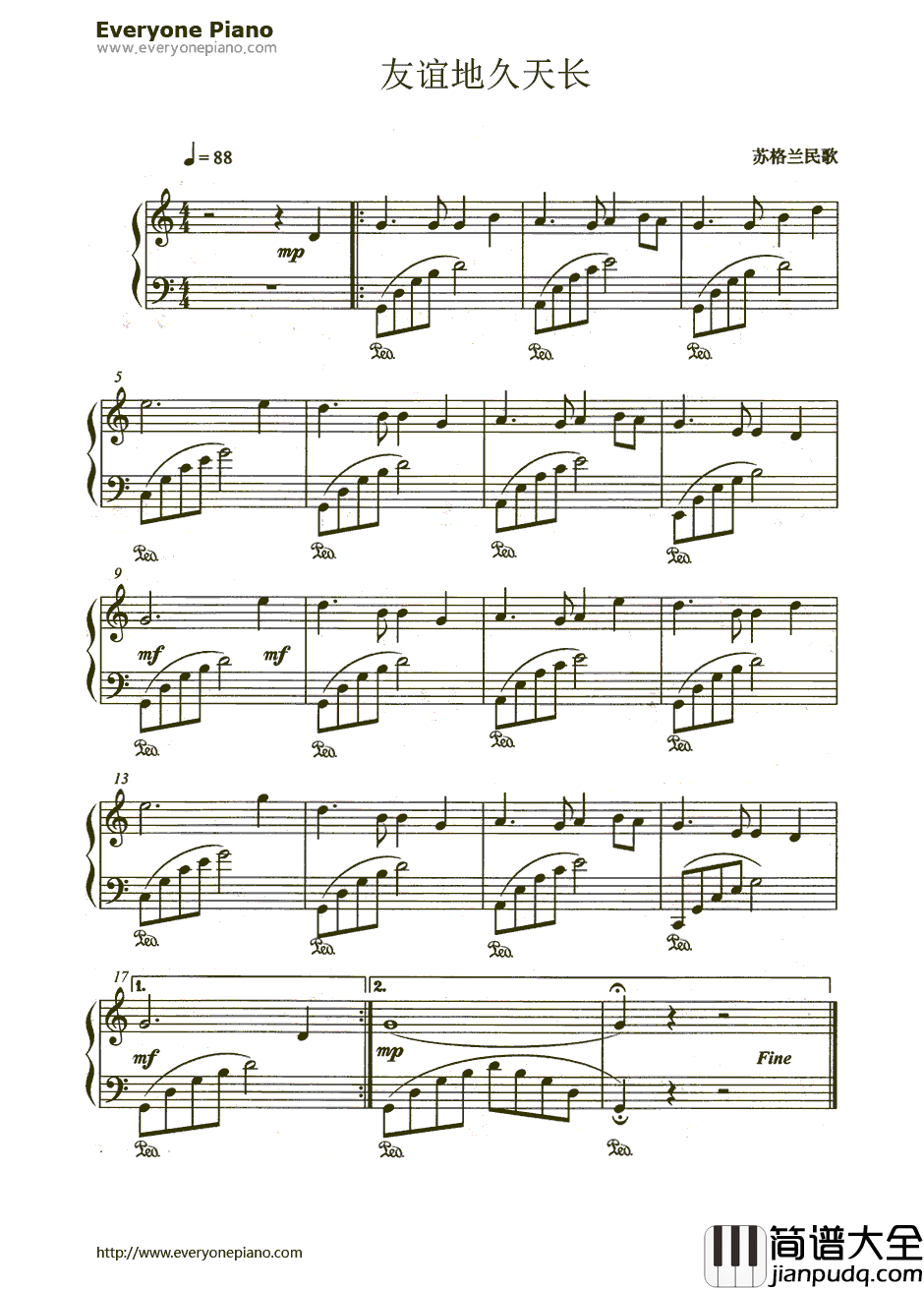 友谊地久天长（AuldLangSyne）钢琴谱_罗伯特·彭斯