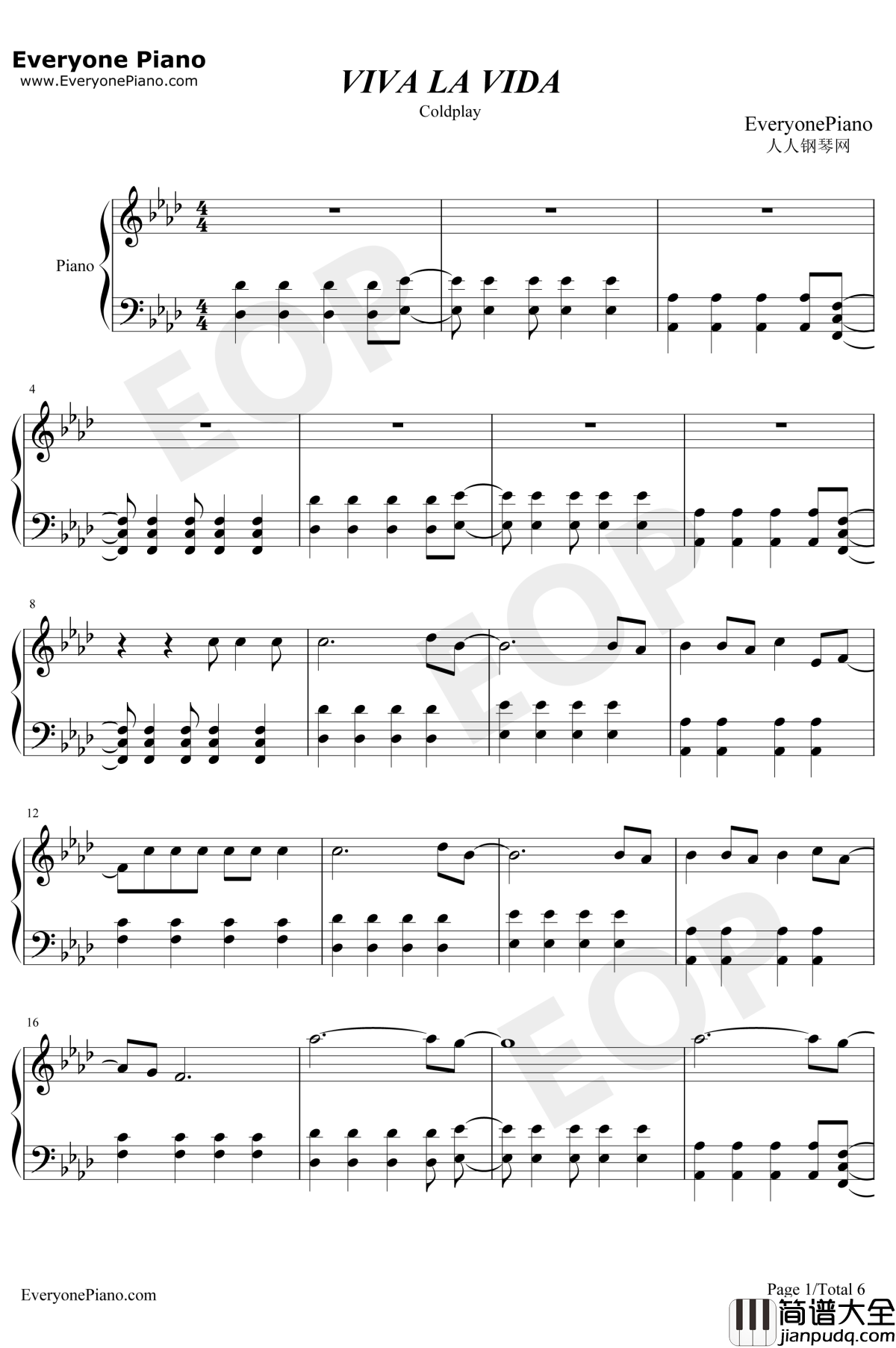 Viva_la_vida钢琴谱_Coldplay_生命万岁