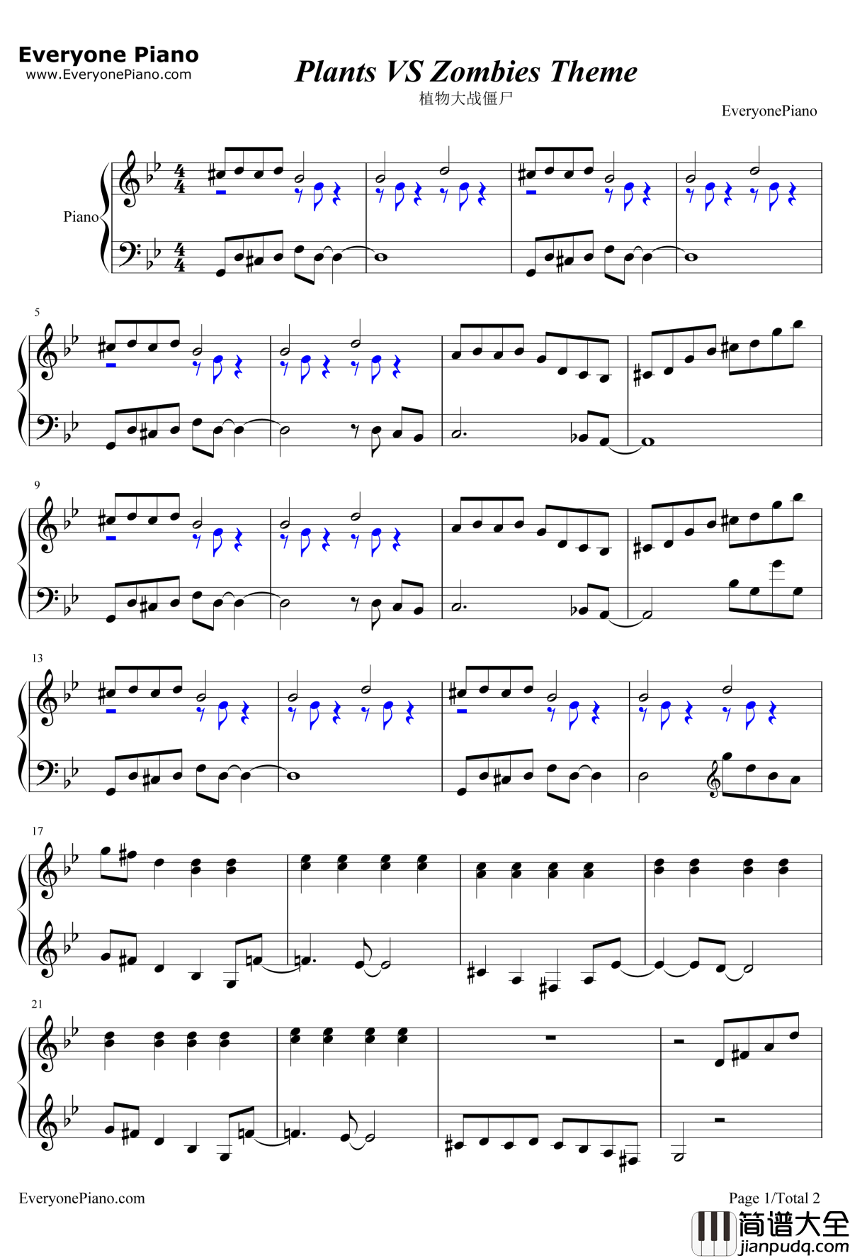 植物大战僵尸背景音乐钢琴版钢琴谱_未知_Plantsvs.Zombies