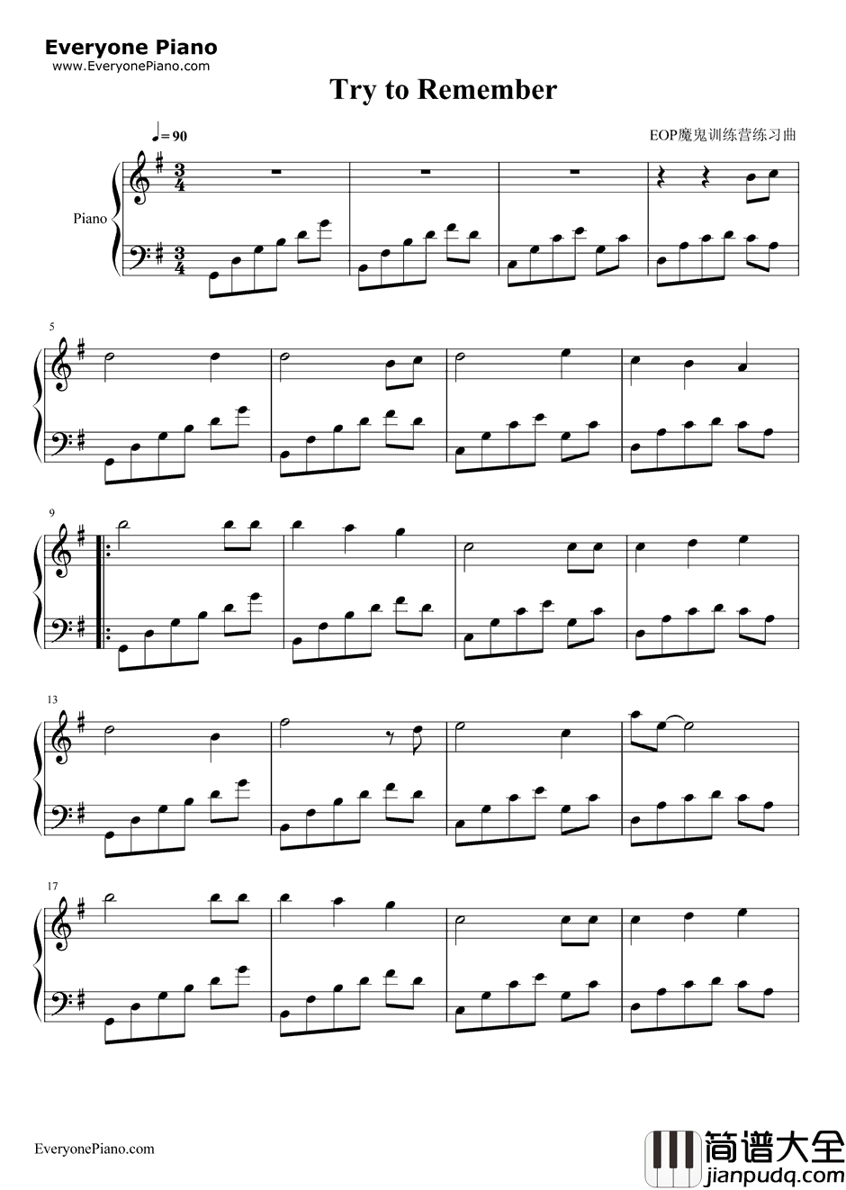 Try_to_Remember钢琴谱_The_Brothers_Four