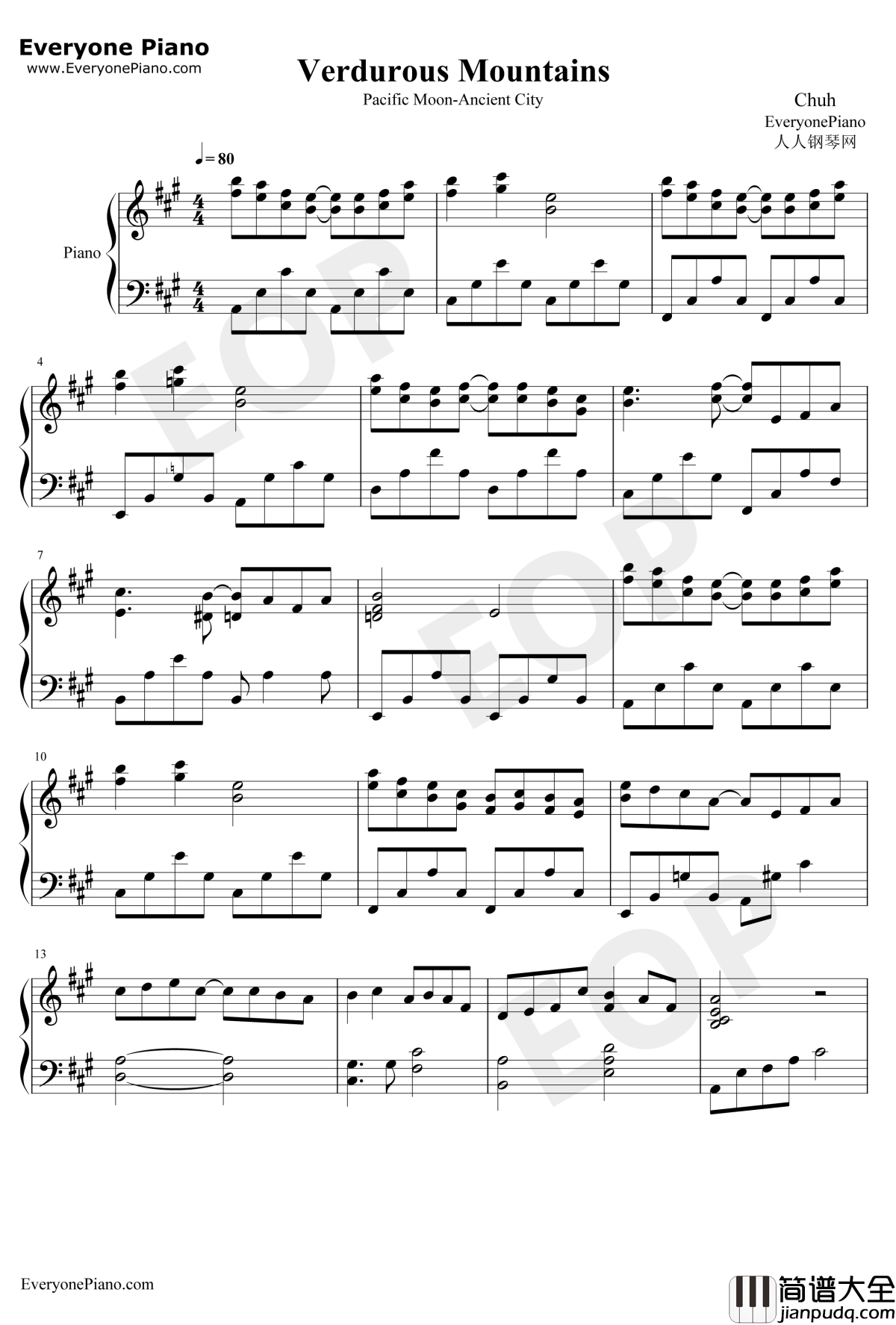 Verdurous_Mountains钢琴谱_渡边雅二_青山绿野