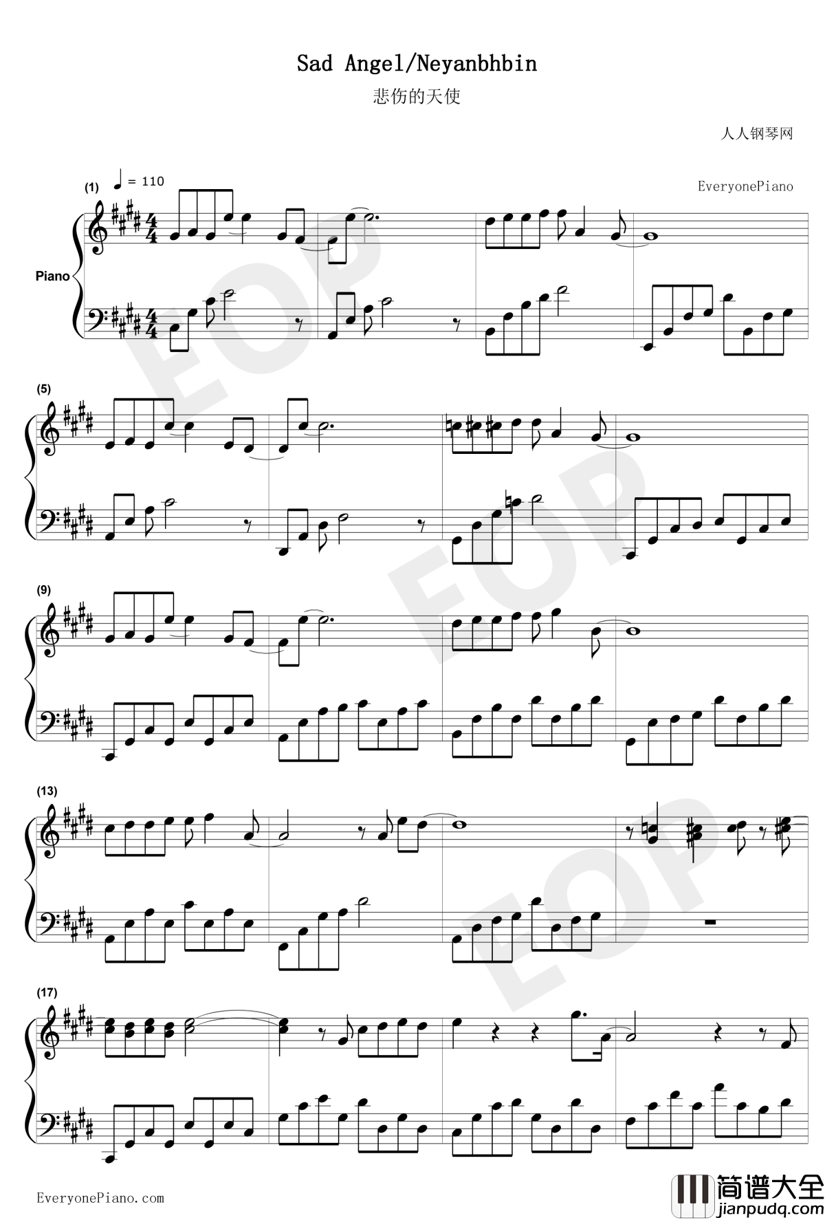 悲伤的天使钢琴谱_伊戈尔·克鲁托伊_Sad_Angel_俄罗斯钢琴曲