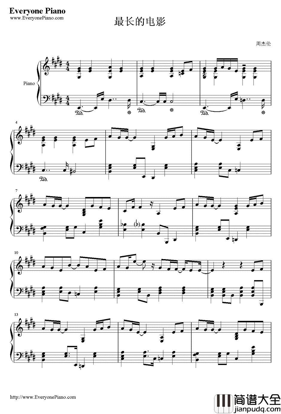 最长的电影钢琴谱_周杰伦